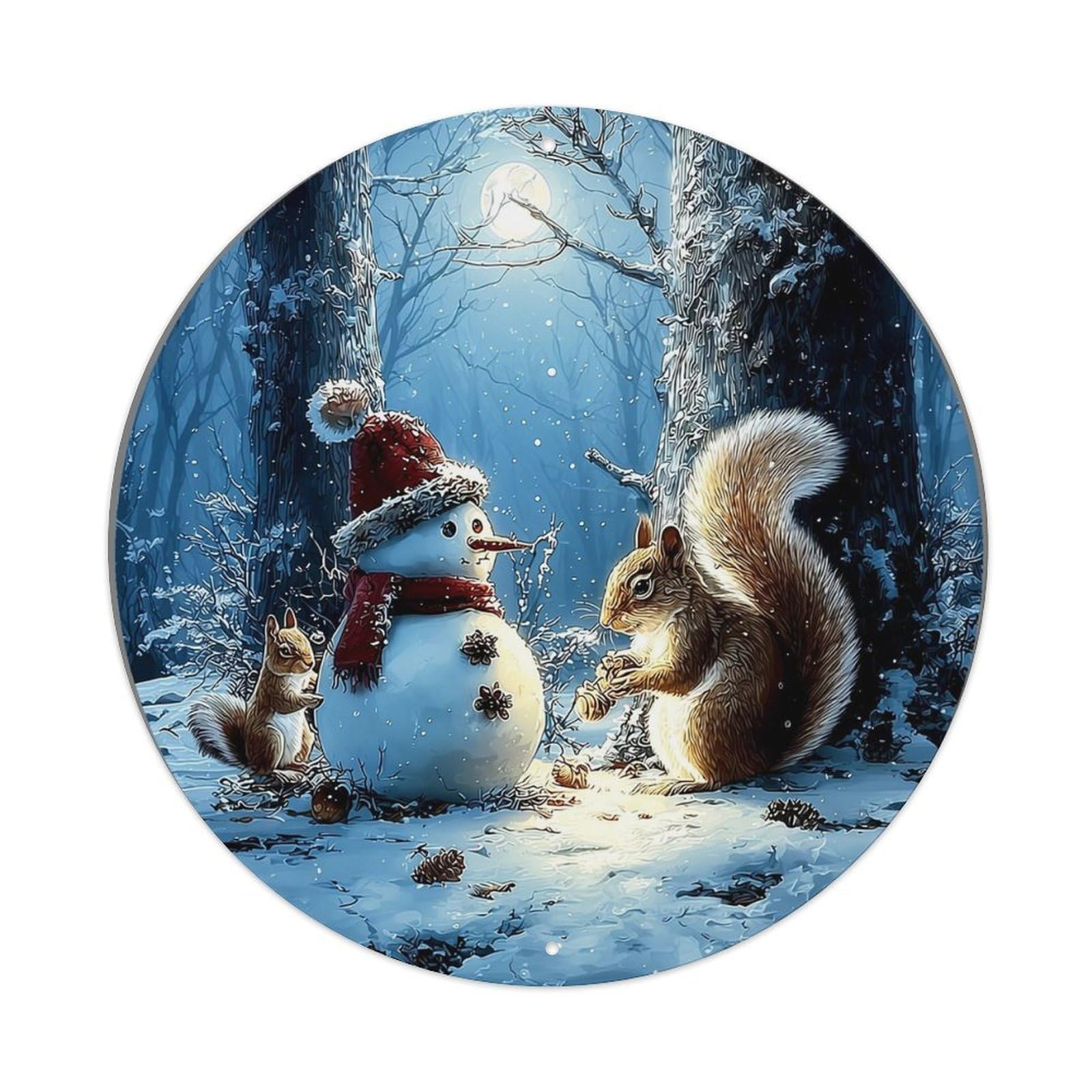 Snowman And Squirrels Winter Scene Retro Metal Tin Sign, Vintage Metal Poster for home, Gaming Room, Studio Workshop,Bar,Garage Wall Art Decor 8x8 inch