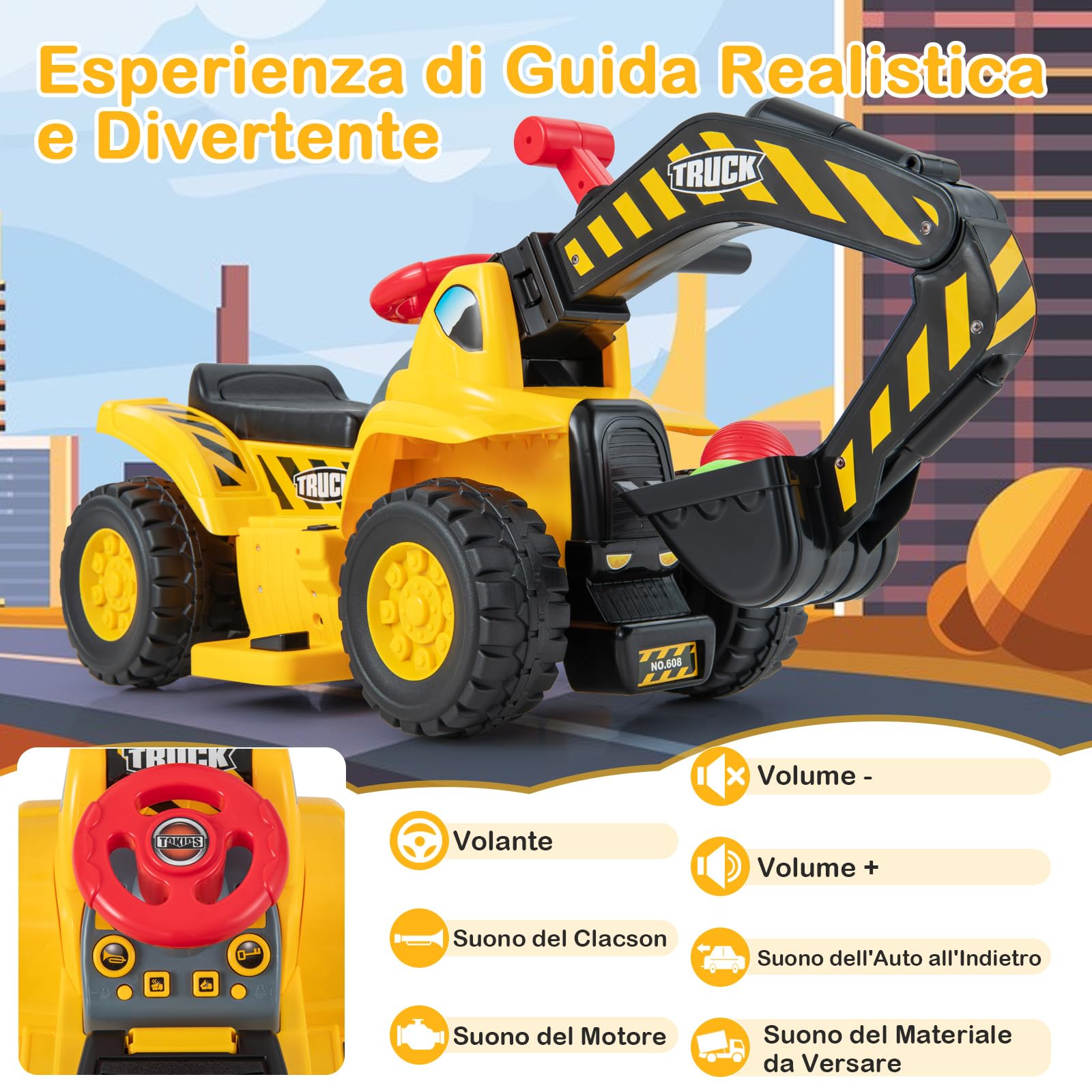 COSTWAY Escavatore Elettrico per Bambini, Ruspa con Vano Clacson ed Effetti Sonori, Canestro da Basket Pieghevole e 3 Palline, Giocattolo per Scavare per Bambini 2 Anni +