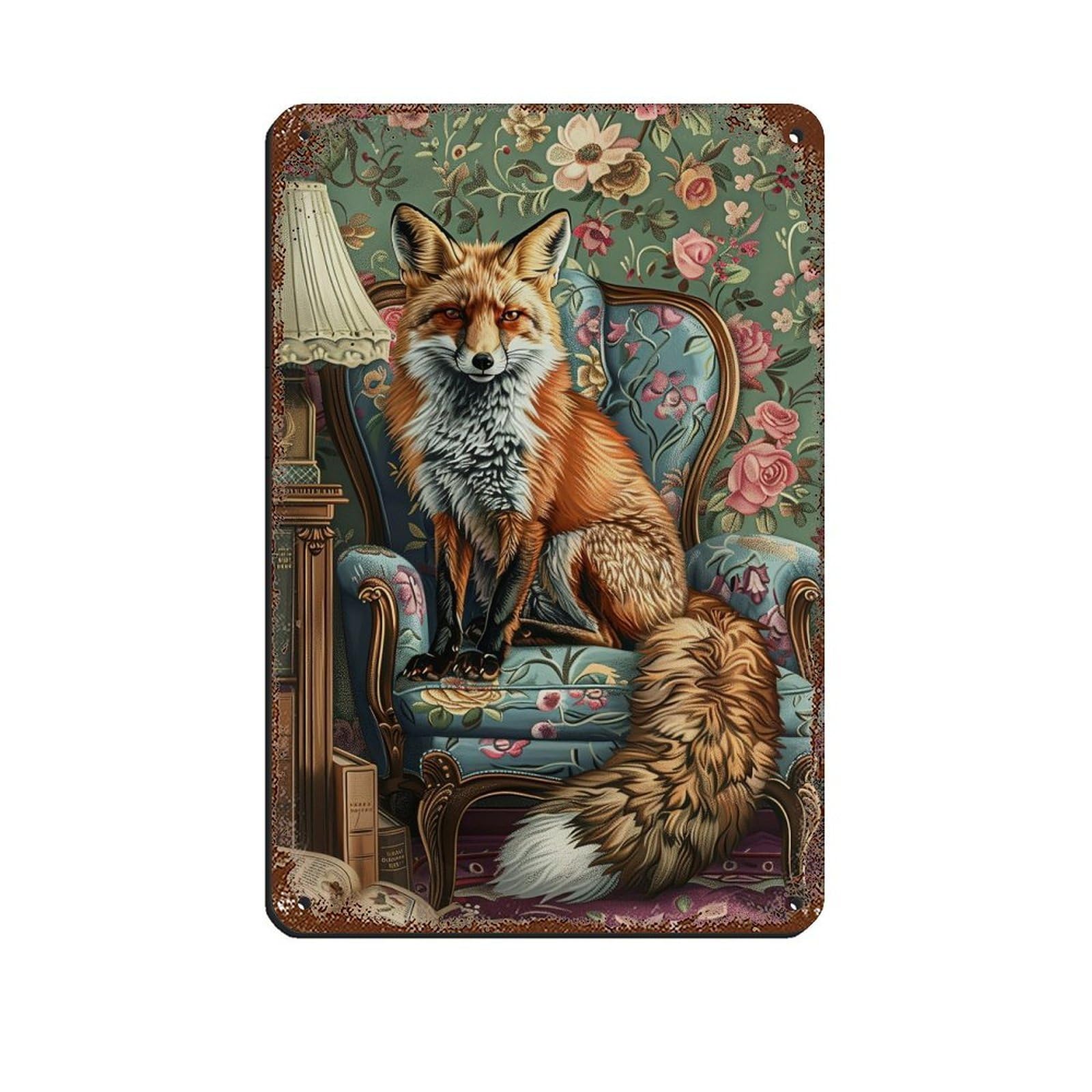 Cottage Fox On Sofa Poster Retro Poster Metal Tin Sign Chic Art Retro Iron Painting Bar People Cave Cafe Family Garage Poster Wall Decoration 8x12inch(20x30cm)