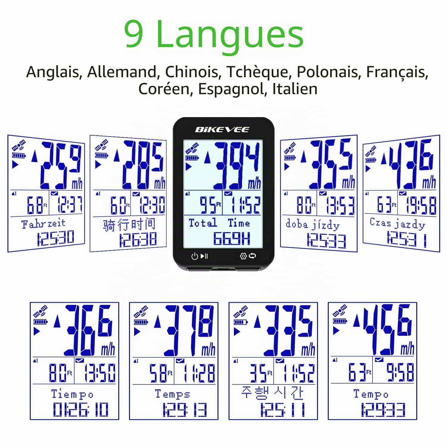 Compteur Vélo GPS sans Fil 9 Langues Étanche IPX7 Écran FSTN 2,4 Pouces Compteur VTT Vitesse Distance Altitude Autonomie 28H