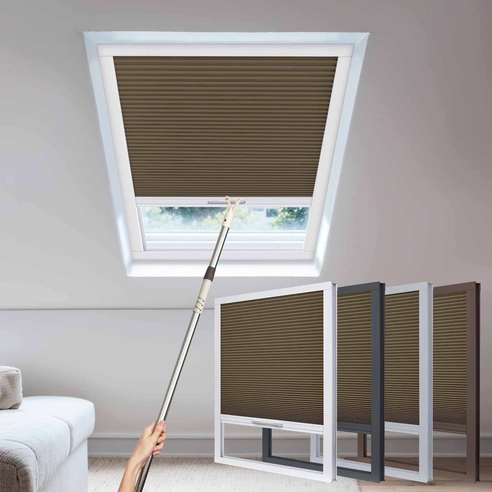 Pasoun Skylight Shades Skylight Blinds for Ceiling Windows Cordless Cellular Shades Suitable for Roof Inclined Plane Room Blackout Brown(Custom Size)