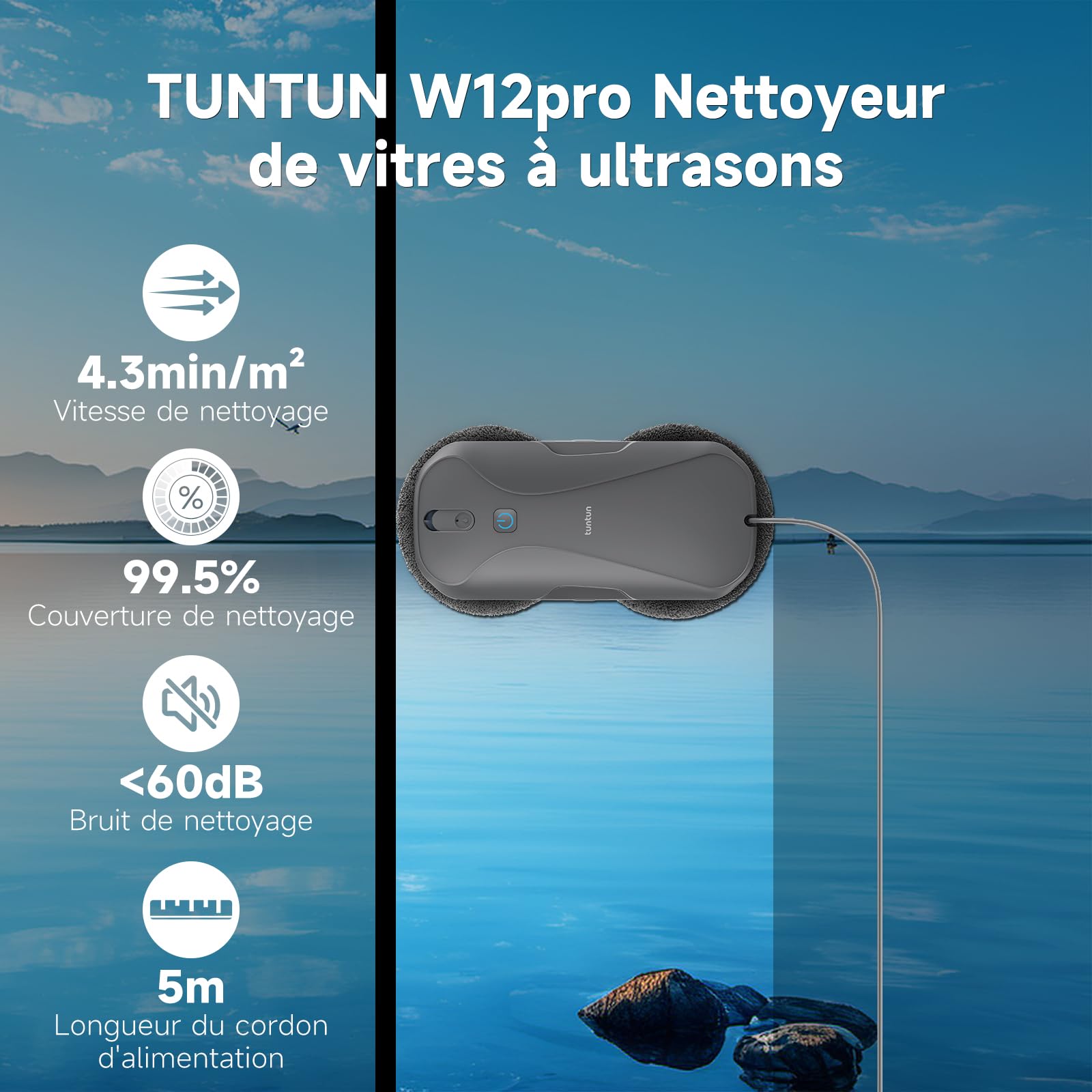 tuntun W12pro Robot Laveur de vitre,Pulvérisation Double 4 Directions,Robot Nettoyeur vitre,5300 Pa,Conception compacte,Navigation Intelligente,Adapté aux Surfaces Lisses,avec boîte de Rangement