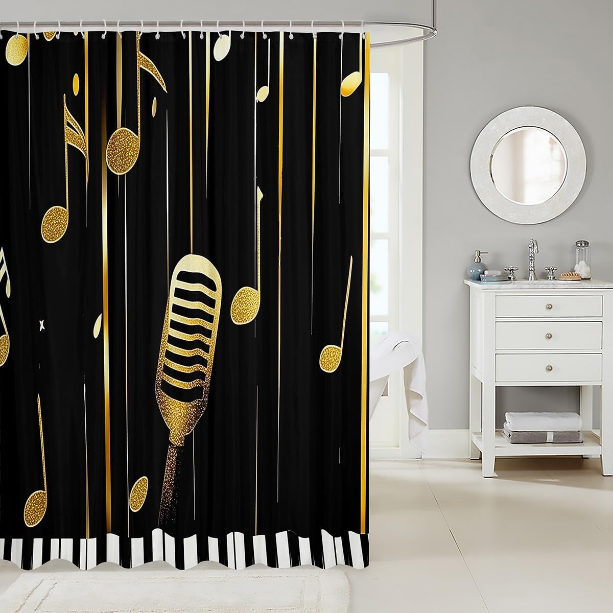Erosebridal Music Themed Shower Curtain 72" Wx72 L Golden Musical Note Geometric Striped Bathroom Curtain Piano Key Bath Curtains Singer Microphone Black Bathroom Accessories for Kids Teen Adults image 2