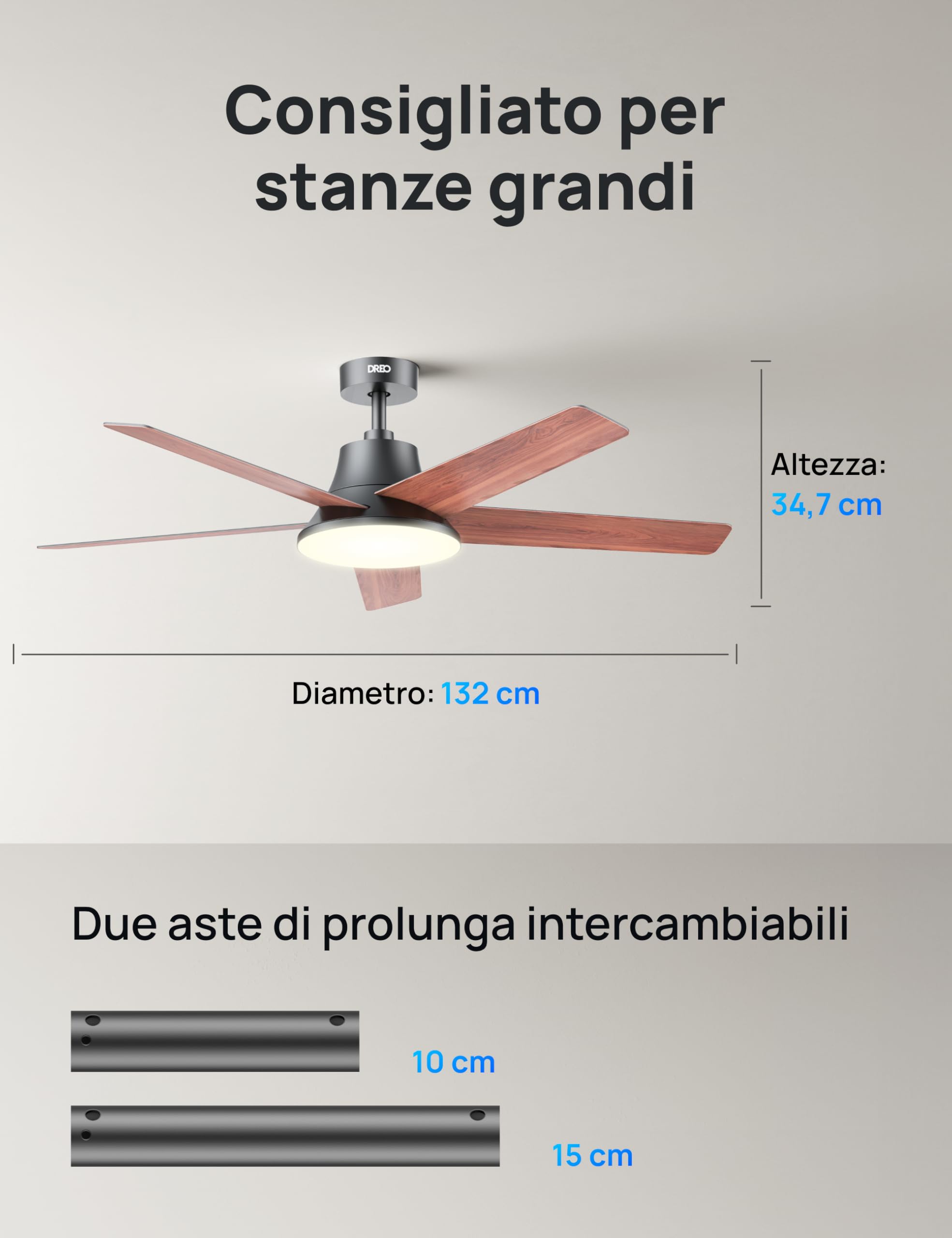 DREO Ventilatore a Soffitto Smart 132 cm, Luce LED con Tonalità Regolabili e Dimmerabile, 12 Velocità, 3 Modalità, Timer 12h, Motore DC Silenzioso, con Telecomando/APP/Alexa