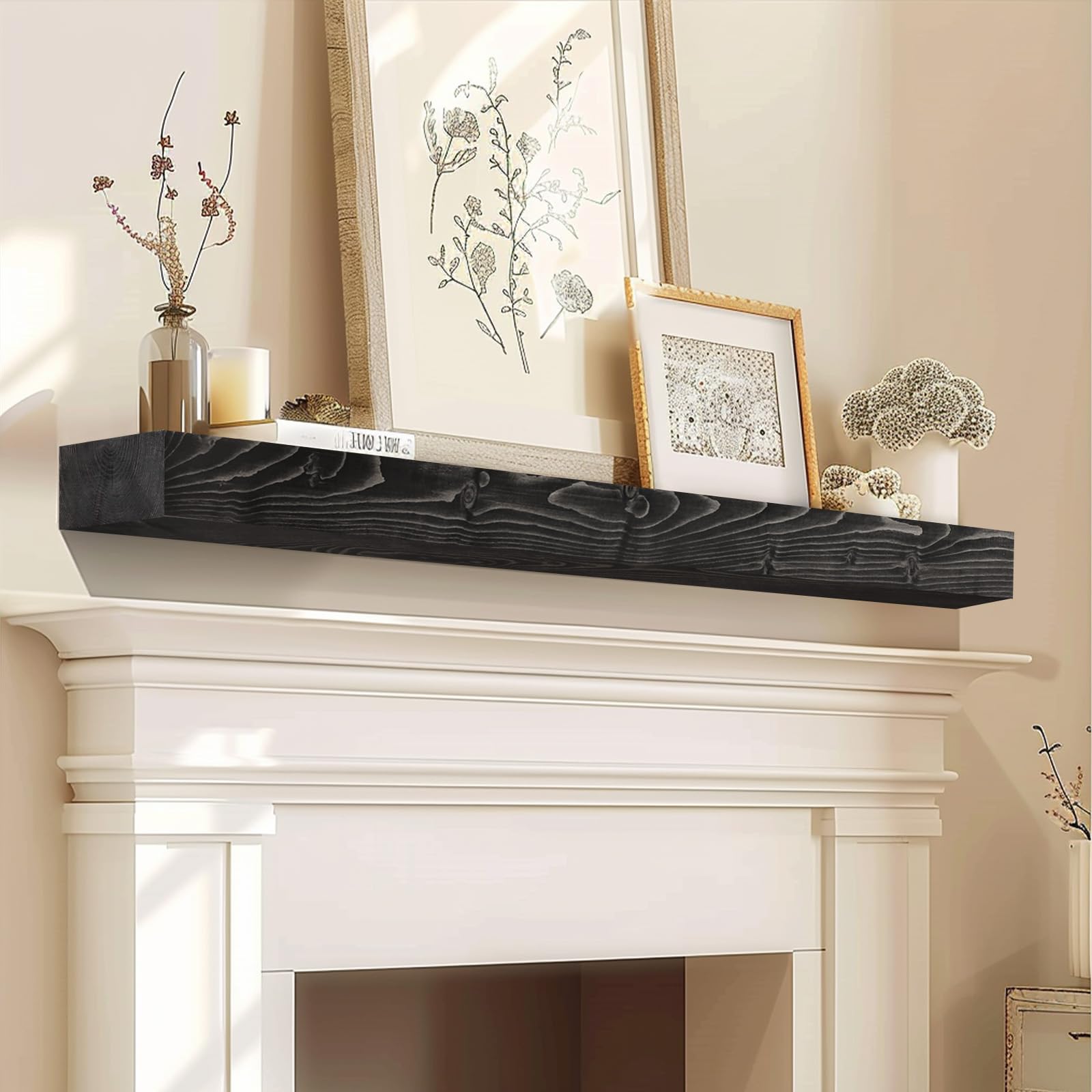 54" fireplace mantel, 3'' thick handmade rustic solid wood - wall long floating shelf with invisible metal bracket, black