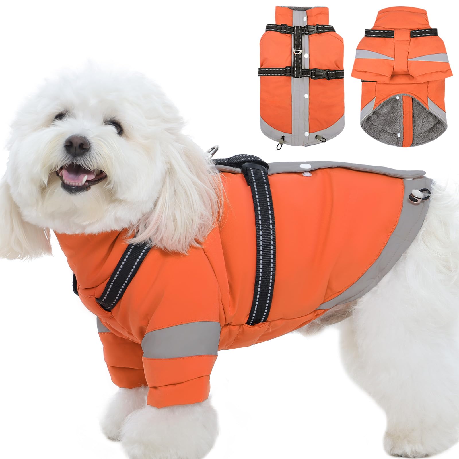 MIGOHI Warm Dog Coat, Waterproof Small Dog Jacket with Harness,XS,Orange