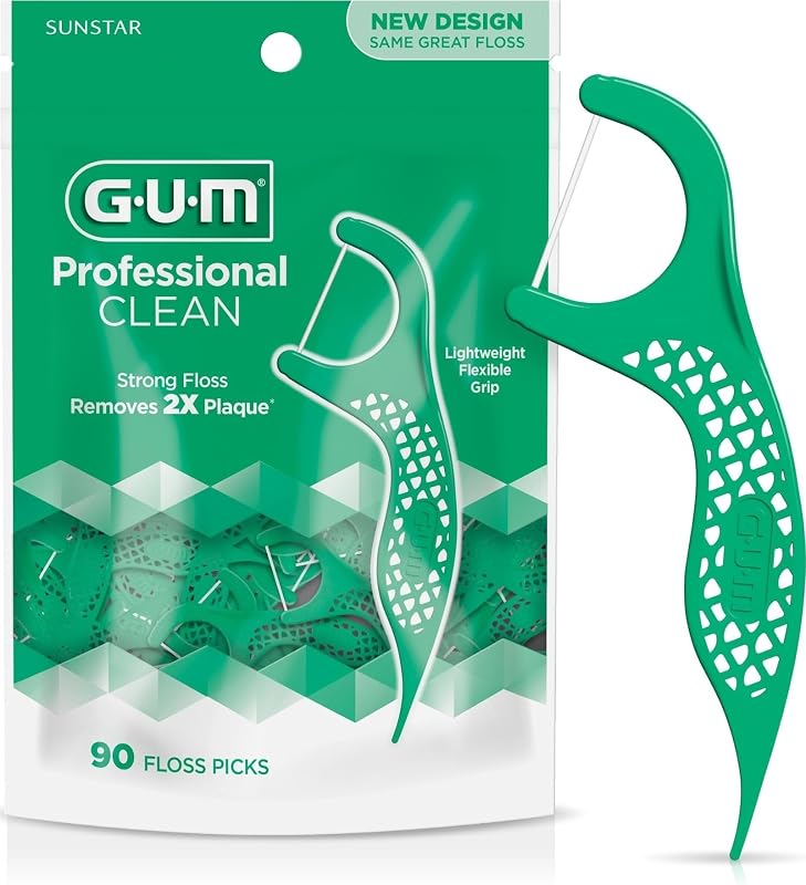 GUM Professional Clean Dental Floss Picks, Fresh Mint Flossers, 90 Count | Extra-Strong, Shred-Resistant Waxed Floss, Control-Grip Handle, Sturdy pick to easily fit between teeth, Travel-ready