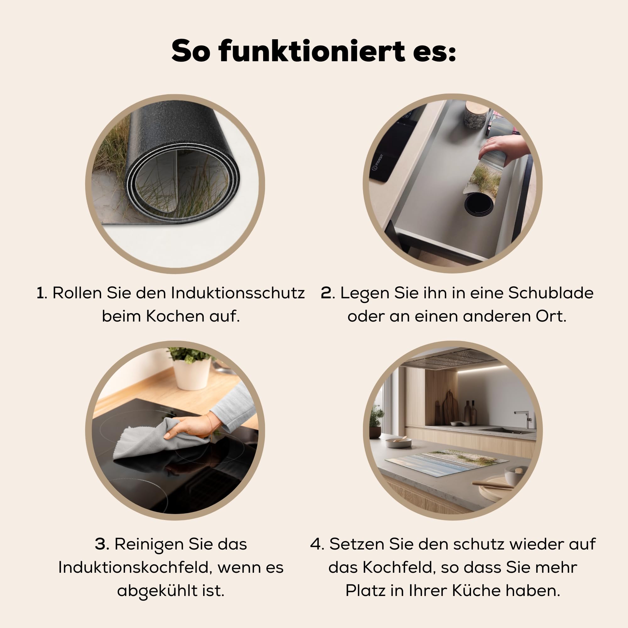 KitchenYeah© Herdabdeckplatte 58x51 cm Einteilig Küche Herdabdeckung Induktionsfeld Ceranfeld Herdabdeckplatten Vinyl Matte Aufrollbar Sandstrand - Bewölkt - Dünen