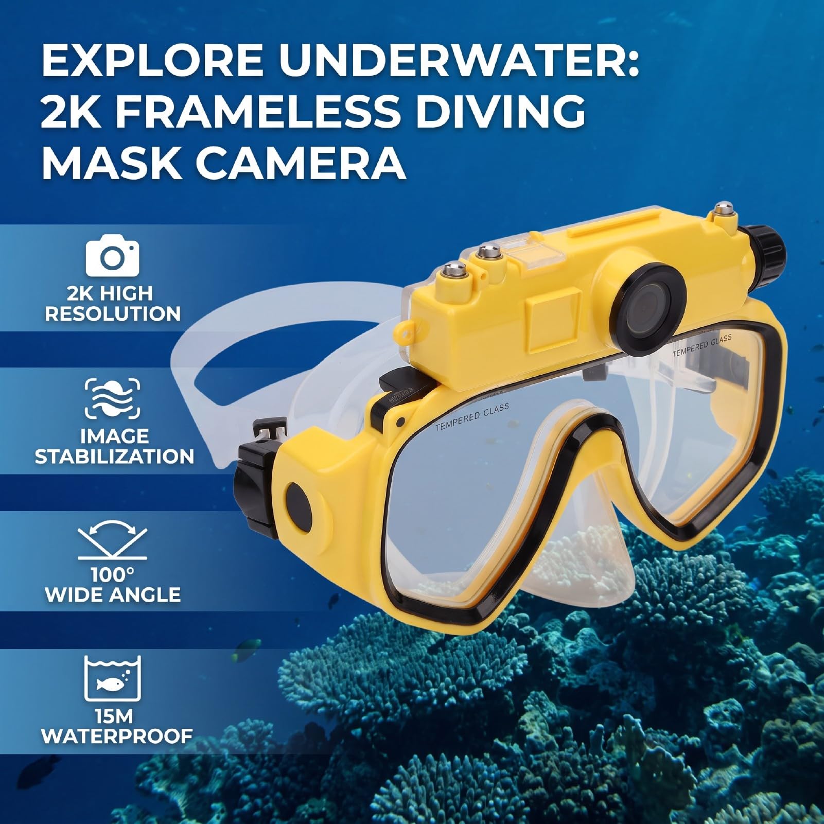 Maschera Da Sub Con Fotocamera 2K, Impermeabile Fino A 15 M, Wifi | Occhialini Per Video Subacquei, Grandangolo, Stabilizzazione Dell'immagine, Ricaricabile 800 Mah, Per Snorkeling, Apnea Nuoto
