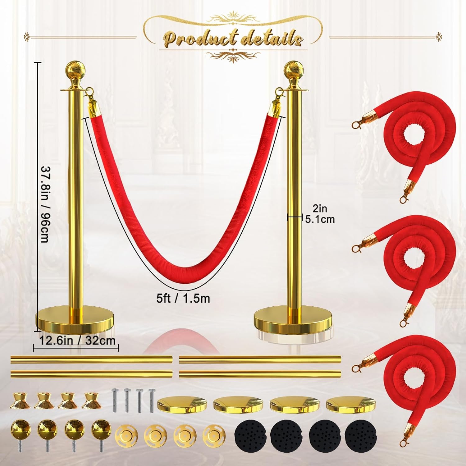 4 Pcs Gold Stanchions with Velvet Ropes with 3 Pcs 5 Ft Red Velvet Ropes Carpet Ropes Posts Stanchion Set for Crowd Control Barriers for Weddings, Events, Hotels, and Party Decor