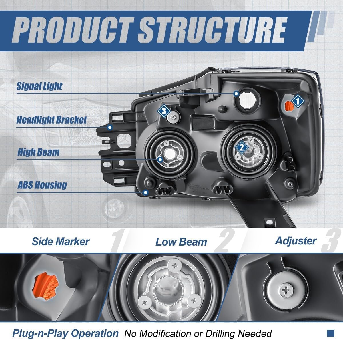 Auto Dynasty NI2503154 Fatcory Style Halogen Headlight Assembly Compatible with Nissan Armada Pathfinder Titan 2004-2007, Passenger Right Side, Chrome Housing Amber Corner