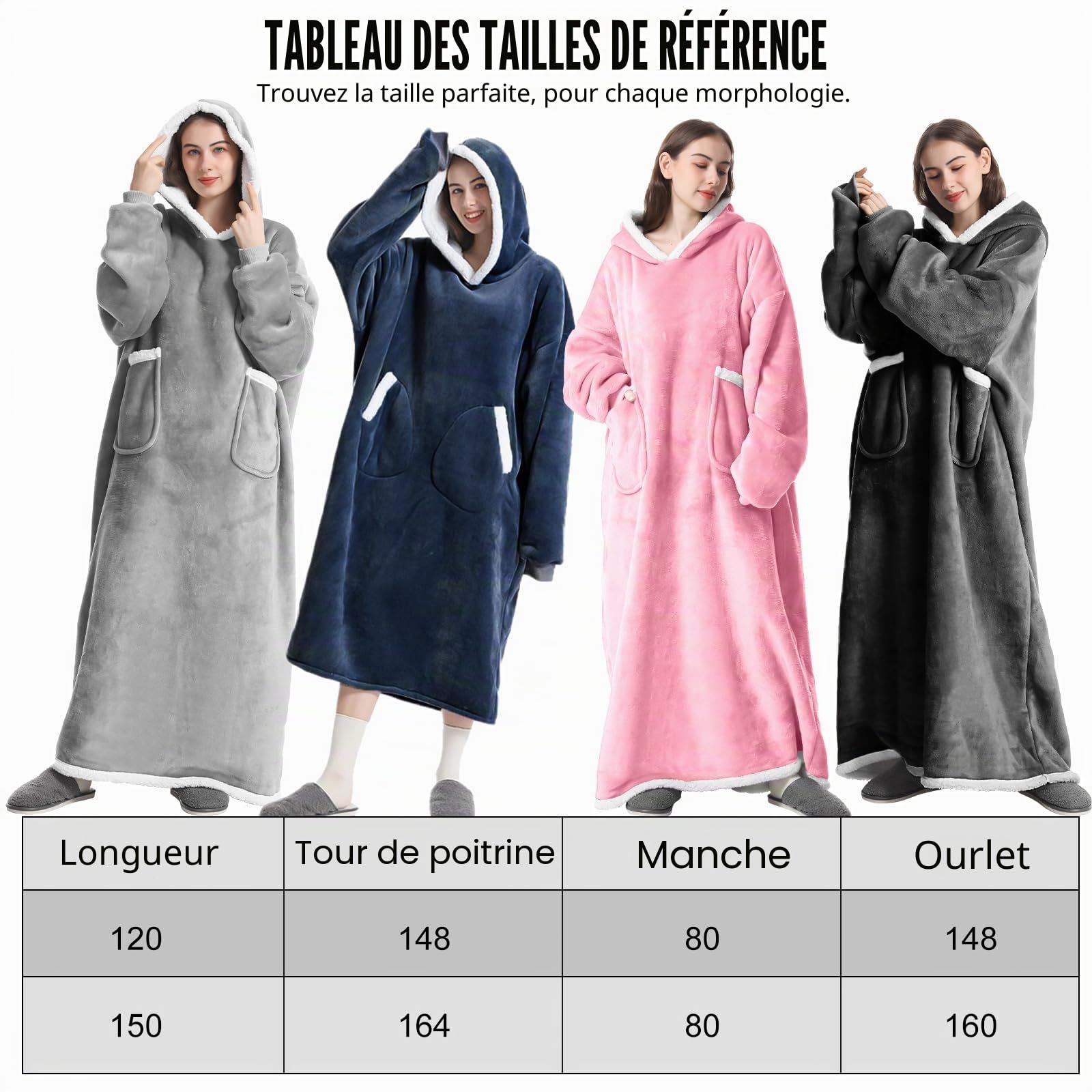 Emwwat Couverture à capuche extra longue surdimensionnée en Sherpa pour homme et femme, couverture à capuche prête-à-porter avec manches et poche géante (gris, 150 cm de long)
