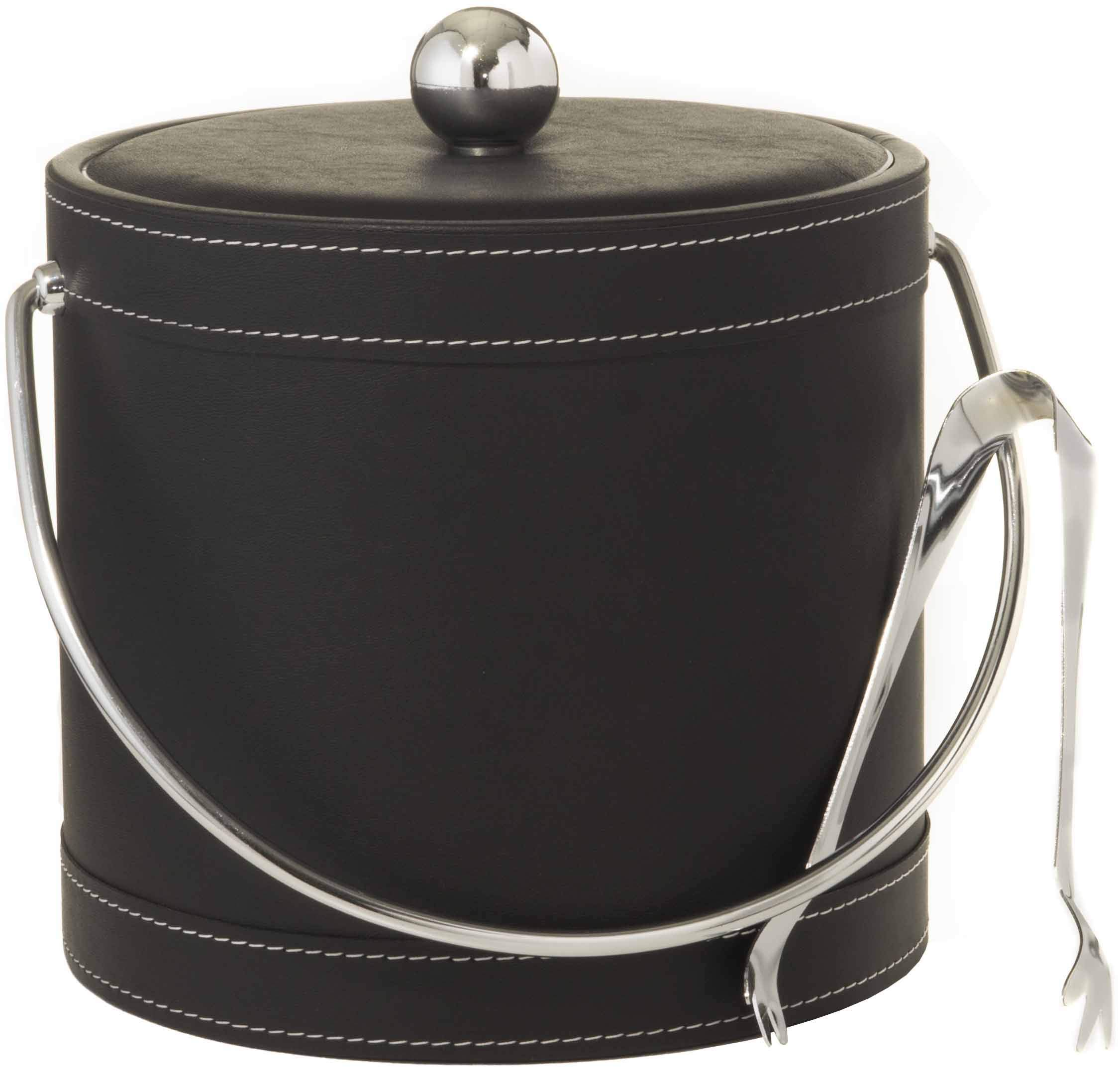 Hand Made In USA Black With White Stitching Double Walled 3-Quart Insulated Ice Bucket With Ice Tongs (Leatherette Collection)