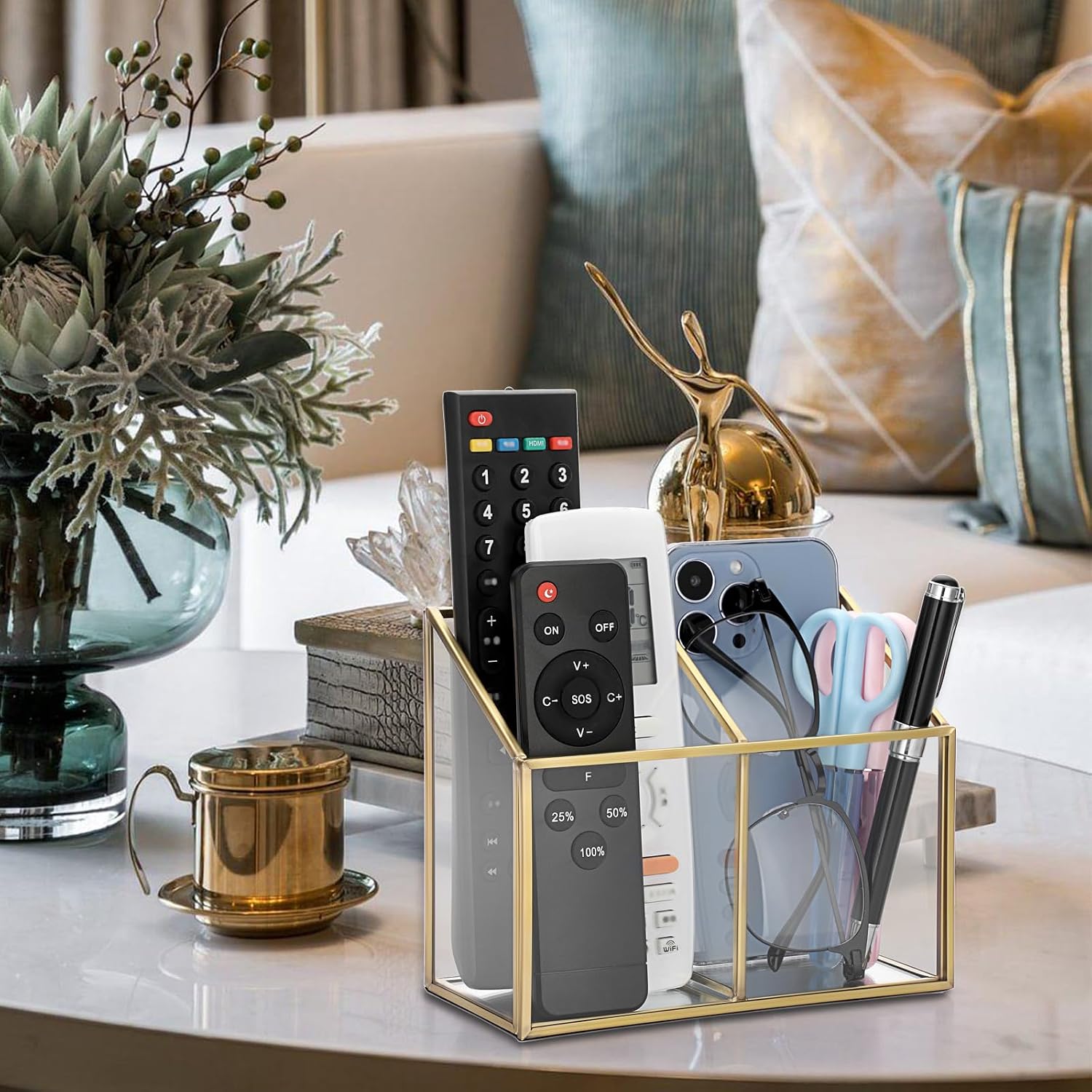 Sumnacon Glass Remote Control Holder,Gorgeous Remote Control Holder Caddy with 2 Compartments,Decorative Remote Control Storage Organizer Caddies for Table, Bedroom,Living Room