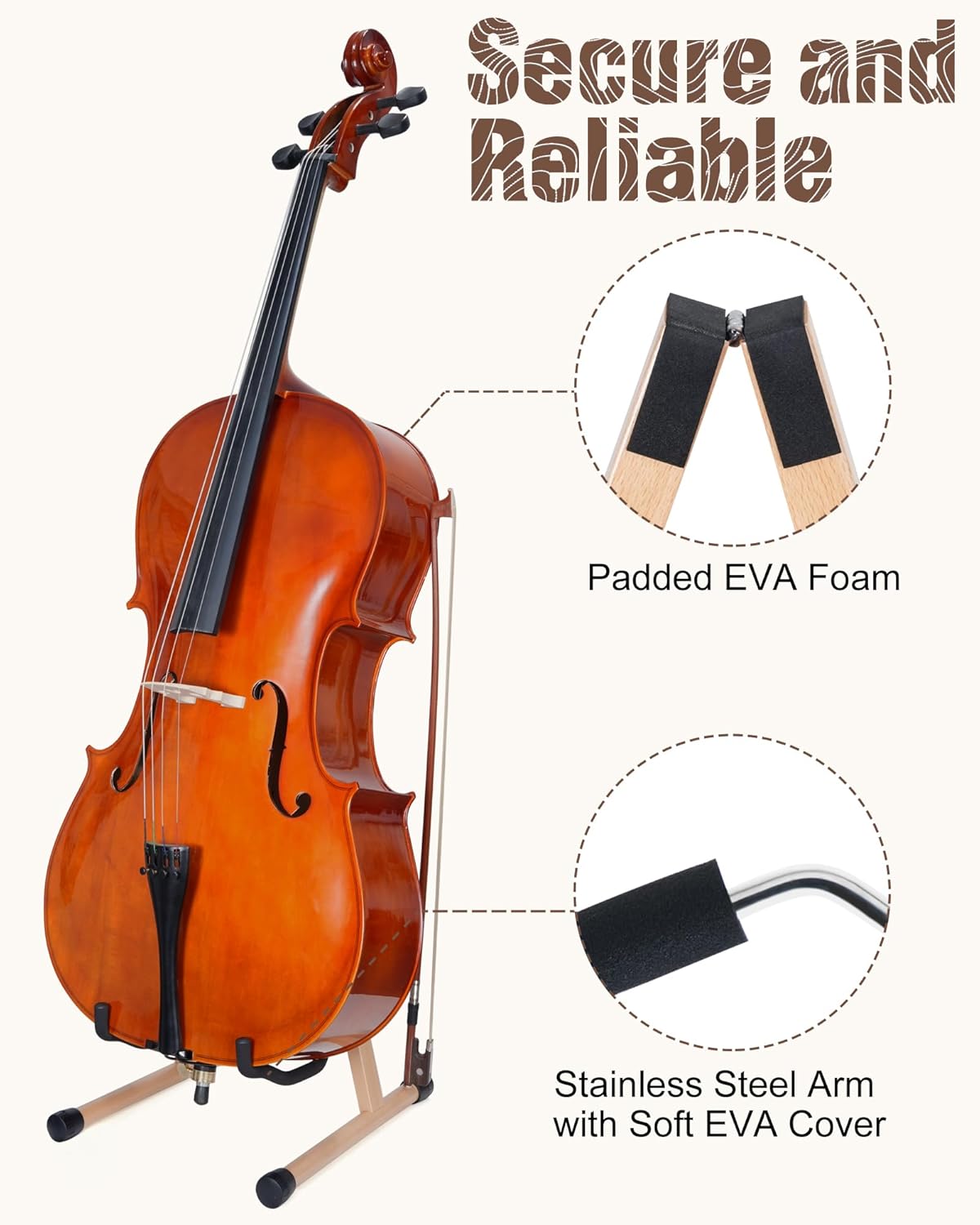 Cello Stand with Bow Holder, Beech Wooden A-Shape Floor Stand with Padded Foam, Handcrafted Cello Rack Fits 1/2, 3/4, 7/8, 4/4 Full-Size and Guitar, Instrument Holder for Home and Studio Display