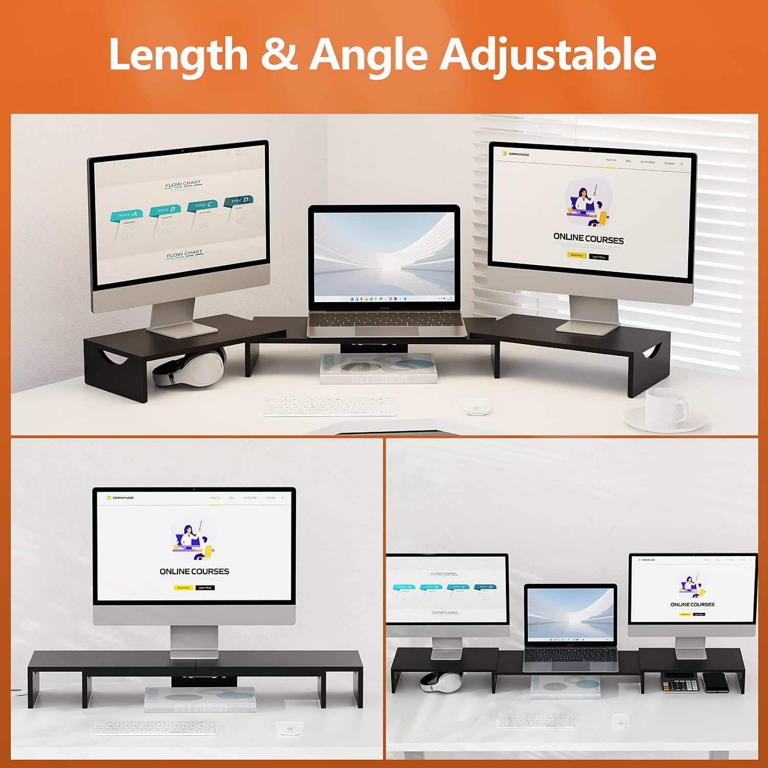 Triple Monitor Stand Riser, Extra Long Monitor Riser for 1~2~3 Monitors, Dual Monitor Stand with Length and Angle Adjustable, 3 Shelf Monitor Stand for Desk
