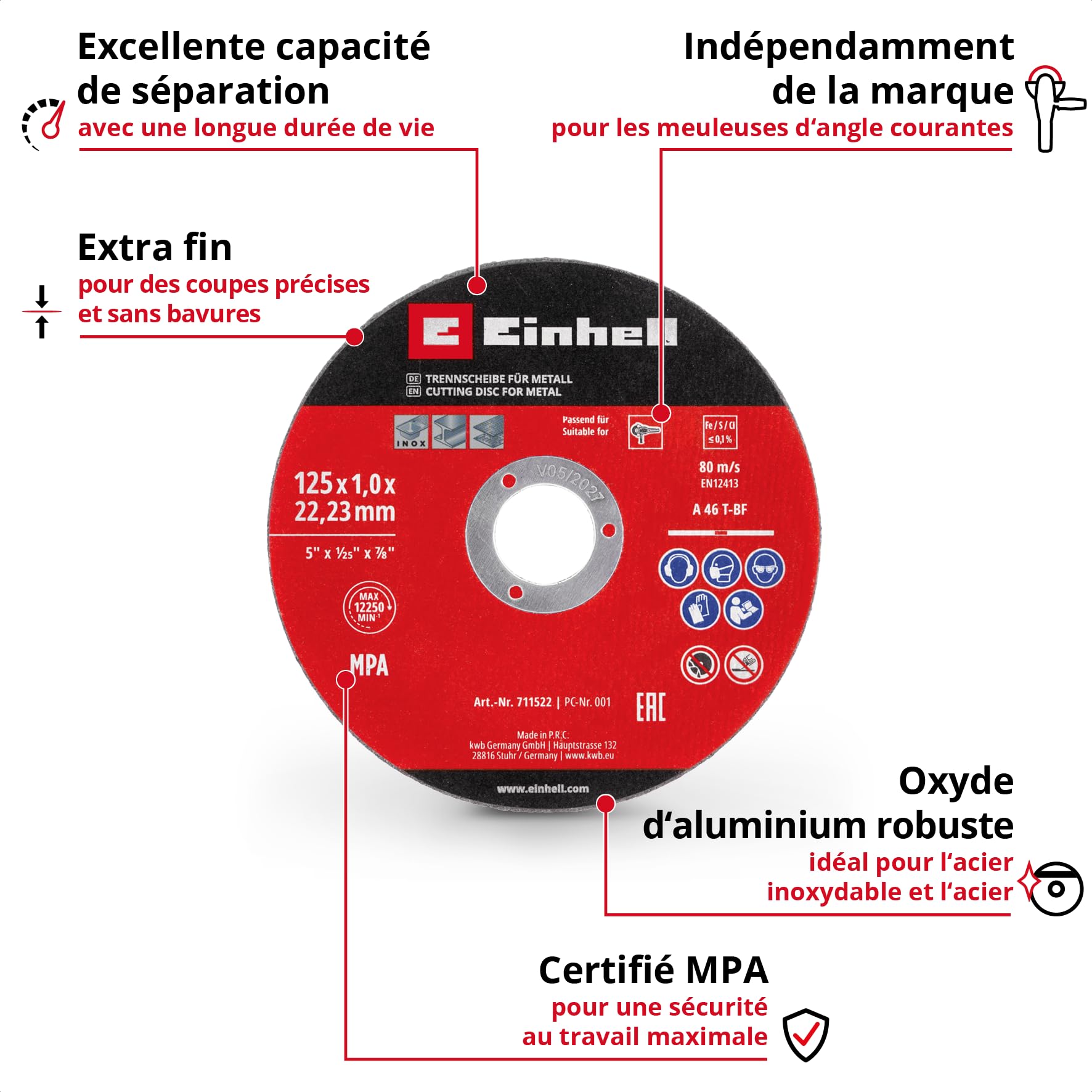 Original Einhell set de 5 disques à tronçonner minces pour le métal, Ø 125 mm (épaisseur 1 mm, certifié MPA, grande longévité, coupes précises et sans bavures, pour meuleuses d'angle)