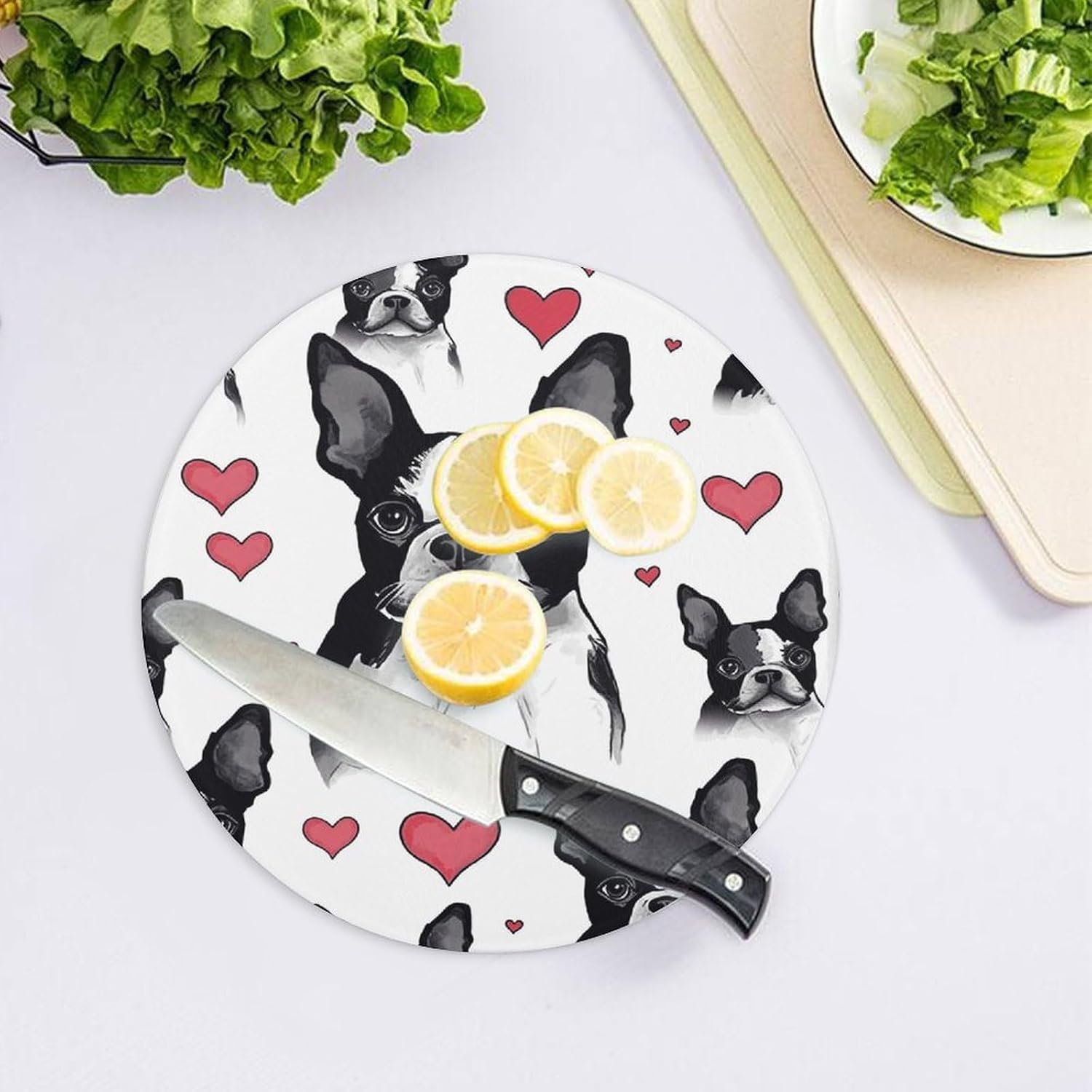 Boston Terrier Red Heart Dog Chopping Block Tempered Glass Cutting Board Mats Round Countertop Cutting Boards Small Charcuterie Boards Bar Cheese Board Snack Tray