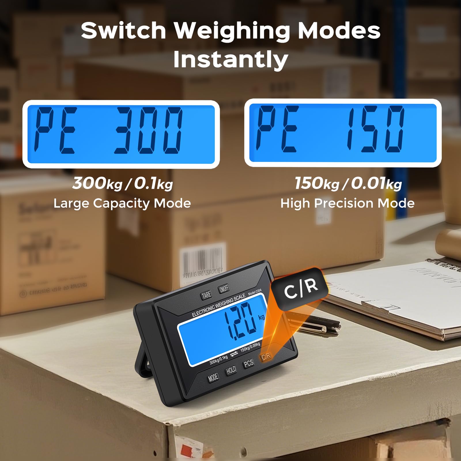 Bonvoisin Báscula para Paquetería Inalámbrica 300kg/660lb, Alcance 10m, Pantalla LCD Separada, Doble Modo Precisión 0,1kg/0,05kg, Conmutable kg/lb/oz/lb:oz, Funciones Tara/Hold/Conteo