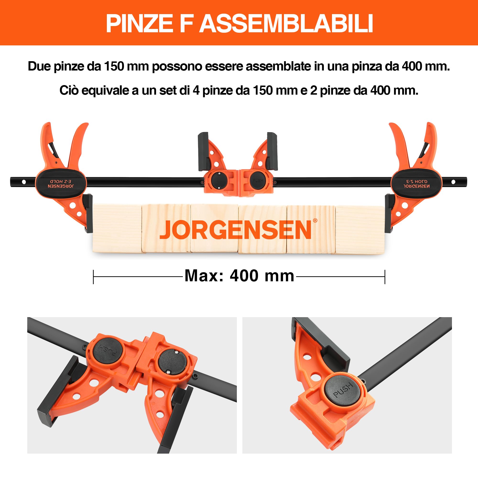 JORGENSEN Morsetti da Falegname 4 Pezzi 150mm, Set di Morsetti per Legno a Sgancio Rapido per il Serraggio e l'allungamento, larghezza di serraggio da 400mm, Fissaggio del Legno con una Sola Mano
