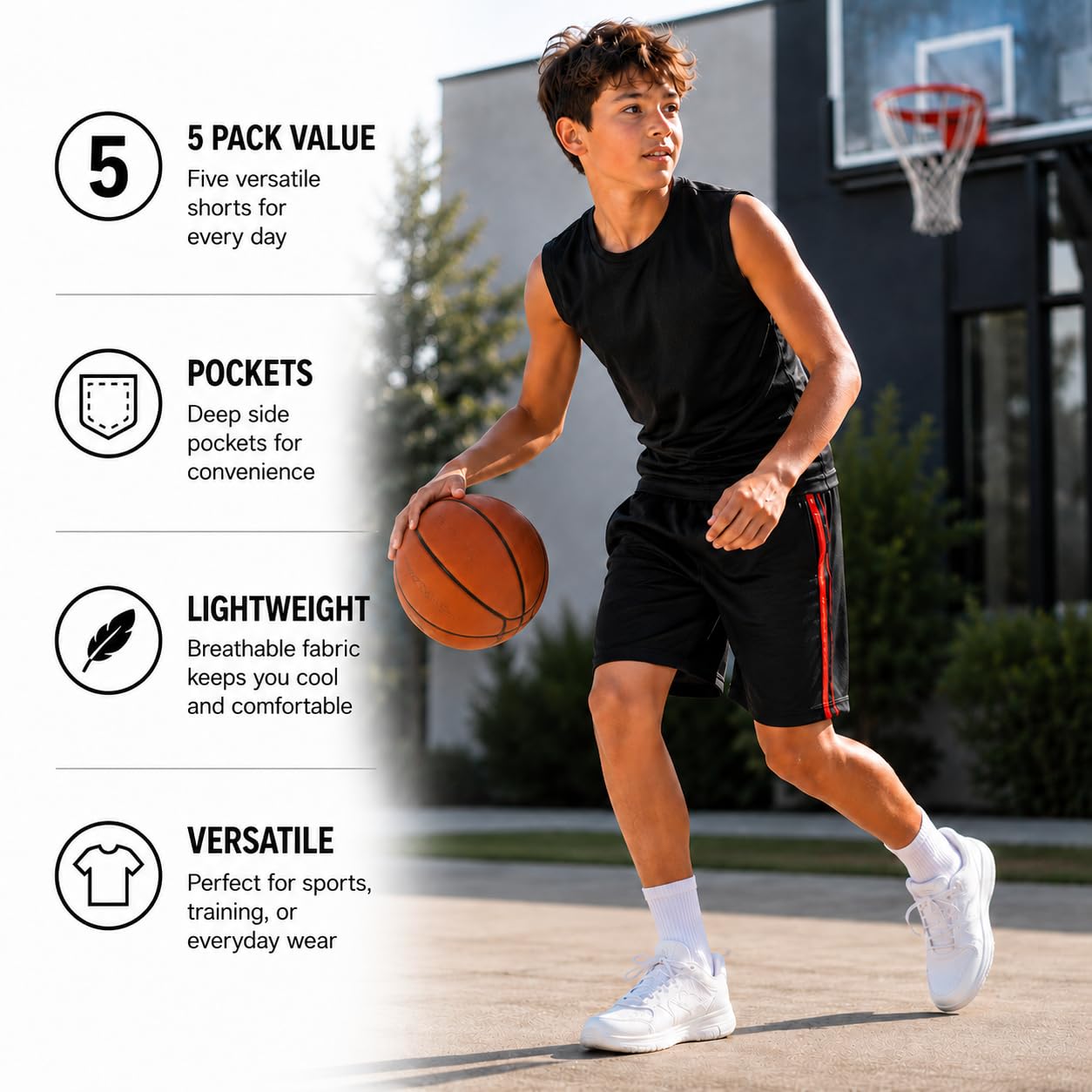 Essential Elements Paquete de 5 pantalones cortos de baloncesto con bolsillos para niños