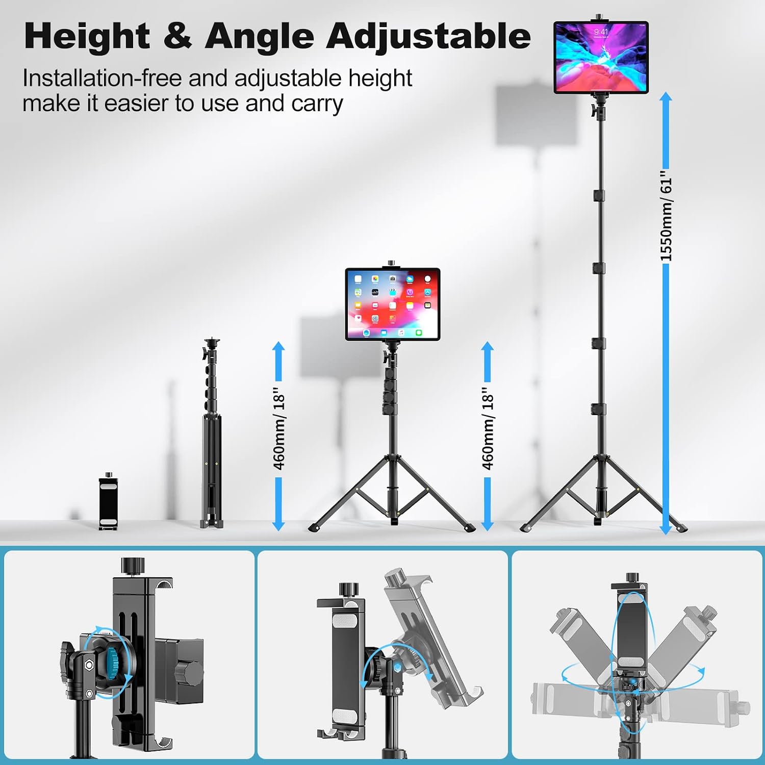 iPad Tripod Stand, 61” Height Adjustable Tablet Floor Stand with Metal iPad Tripod Mount, 180° & 360° Rotating, Compatible with iPad Pro 12.9, iPad Air, Mini, iPhone and All 4"-15" Tablets & Cellphone