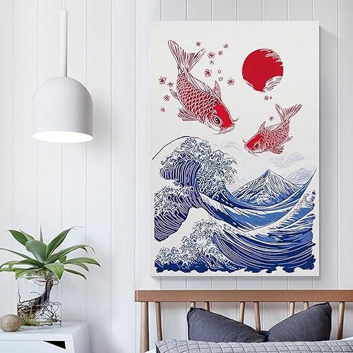 Miniatura 5 de Asian Japanese Great Wave Red Koi Fish Retro Cherry Blossom Poster Canvas Wall Art Decor for Bedroom Living Room Office Bathroom Home Pictures Print