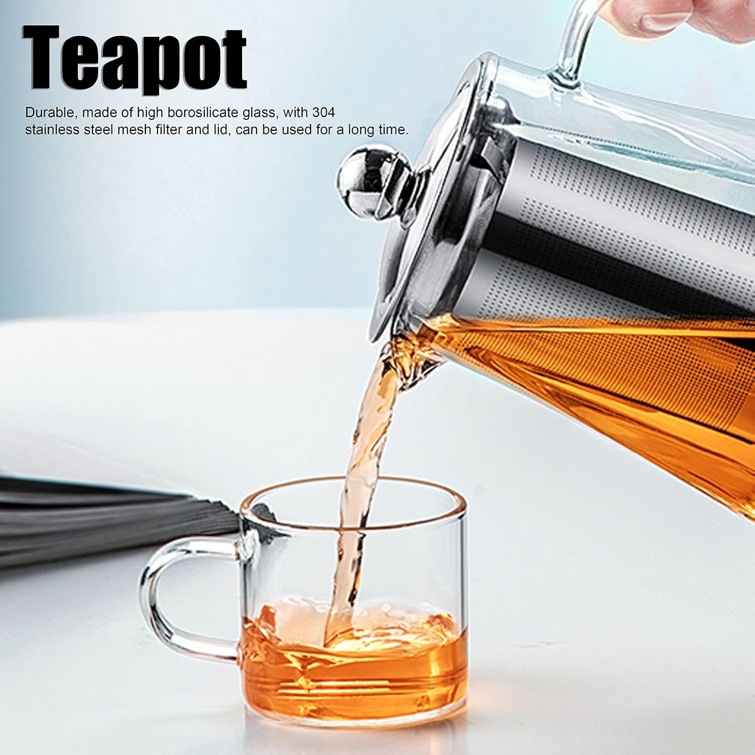 Glass Teapot with Removable Stainless Steel Infuser, Heat-Resistant Clear Kettle for Blooming & Loose Leaf Teas, 25.4oz, Square Design, Stovetop & Microwave Safe for Home, Office, Kitchen