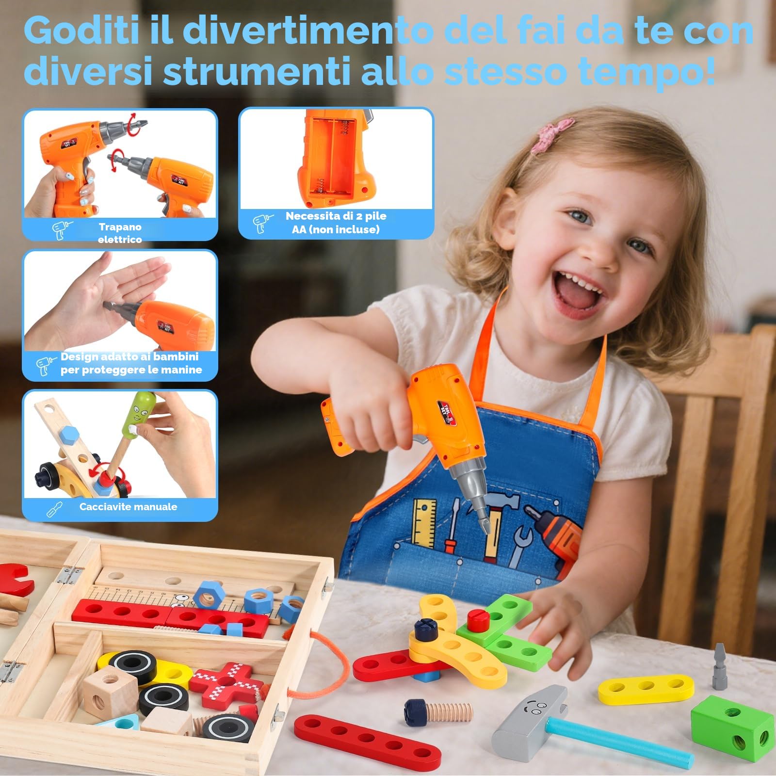 Giochi Bambini 3 Anni Cassetta Attrezzi Bambini Gioco Bambino 3 Anni in Legno con Trapano Elettrico & Grembiule Giochi Montessori 3 4 5 Anni, 45 Pezzi Regalo Bambino 3 4 Anni Maschio, 45 Pezzi