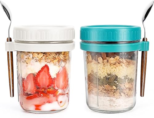 Miniatura 8 de Frascos de avena con cuchara y tapa 10 onzas paquete de 2 recipiente hermético de avena con marcas de medición tarros Mason con tapa para recipiente