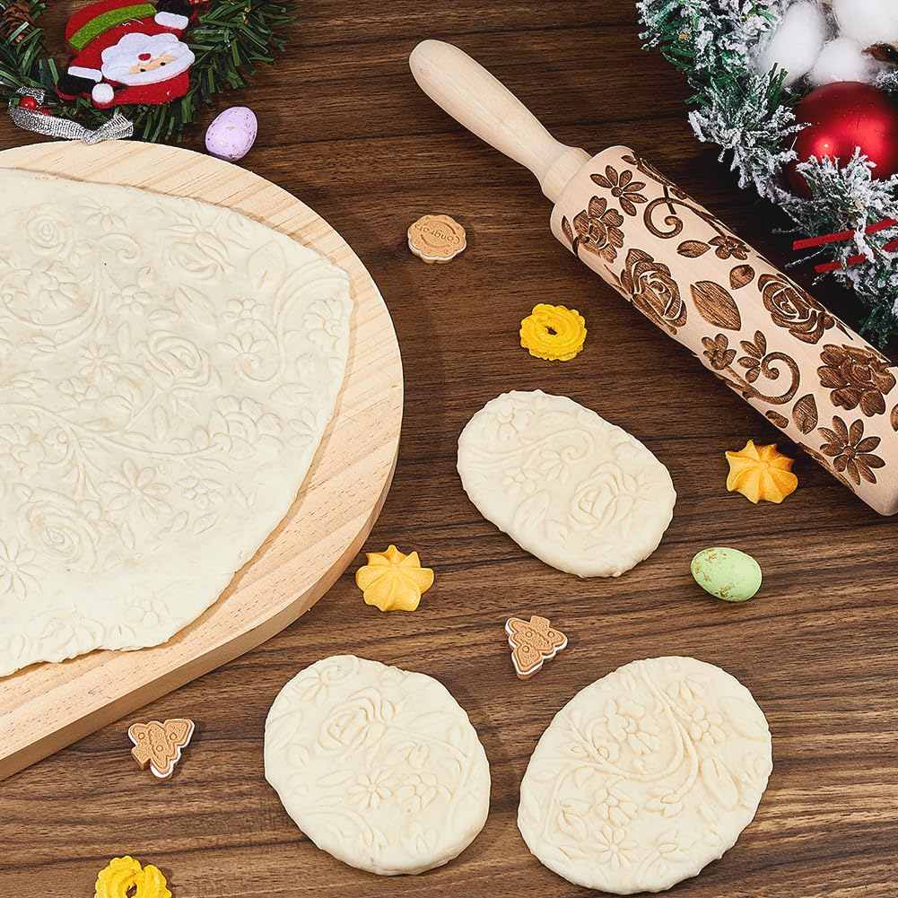 DICOSMETIC Rodillo de madera con diseño floral 3D, 35 cm, herramienta de cocina para hacer estallar masa para galletas, gofres y pasteles (estampado floral)