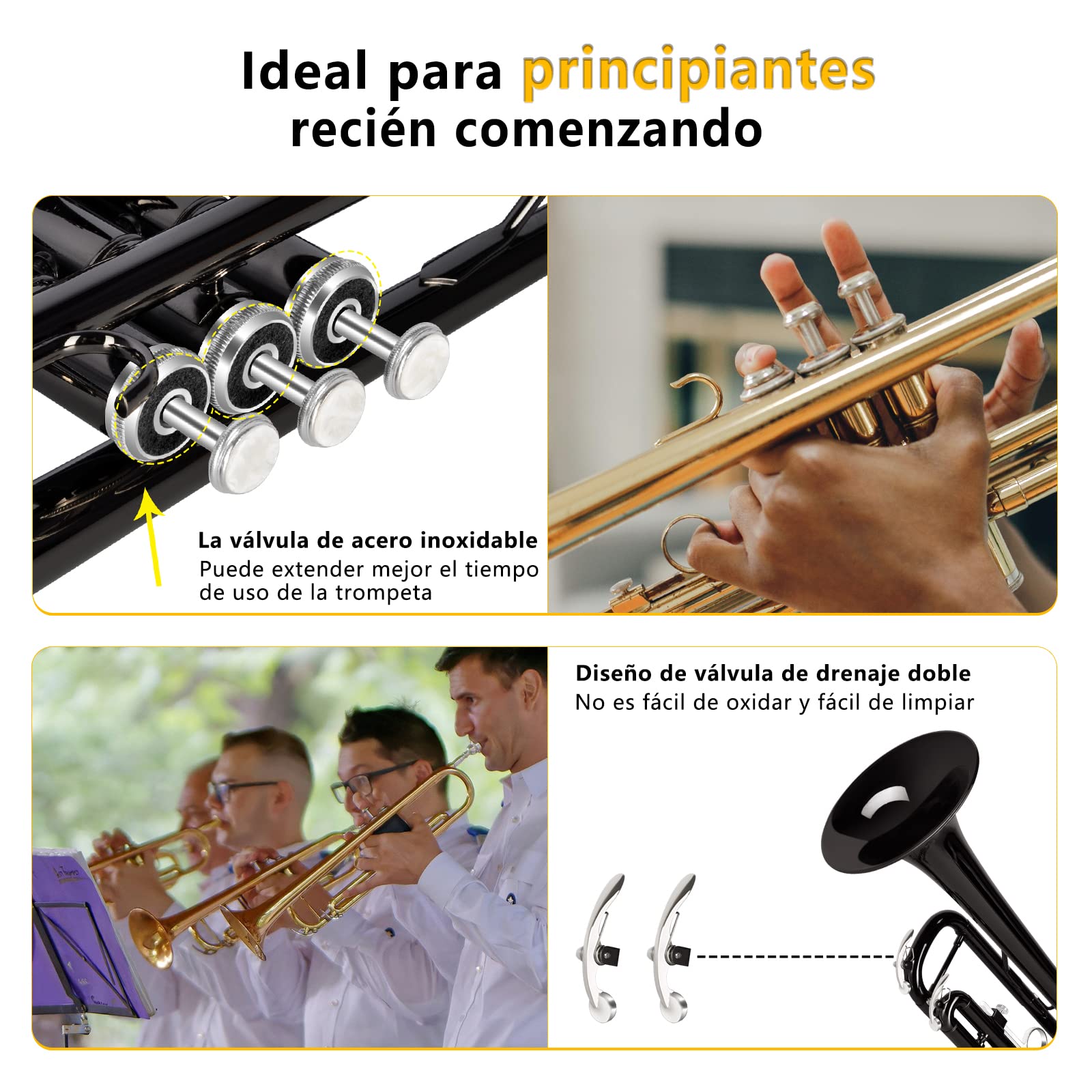 EASTROCK Trompeta Sib Estándar de Latón Instrumentos Musicales Boquilla 7C con Estuche para estudiantes principiantes (Negro)