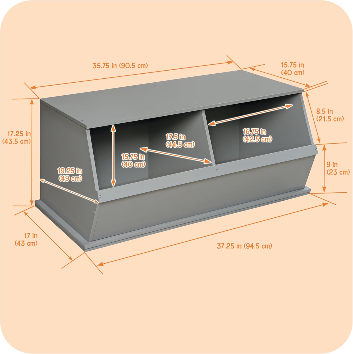 Badger Basket Two Bin Stackable Toy Storage Cubby Organizer – Modular Storage for Toys, Books, and Crafts – Solid Wood Panel – Gray