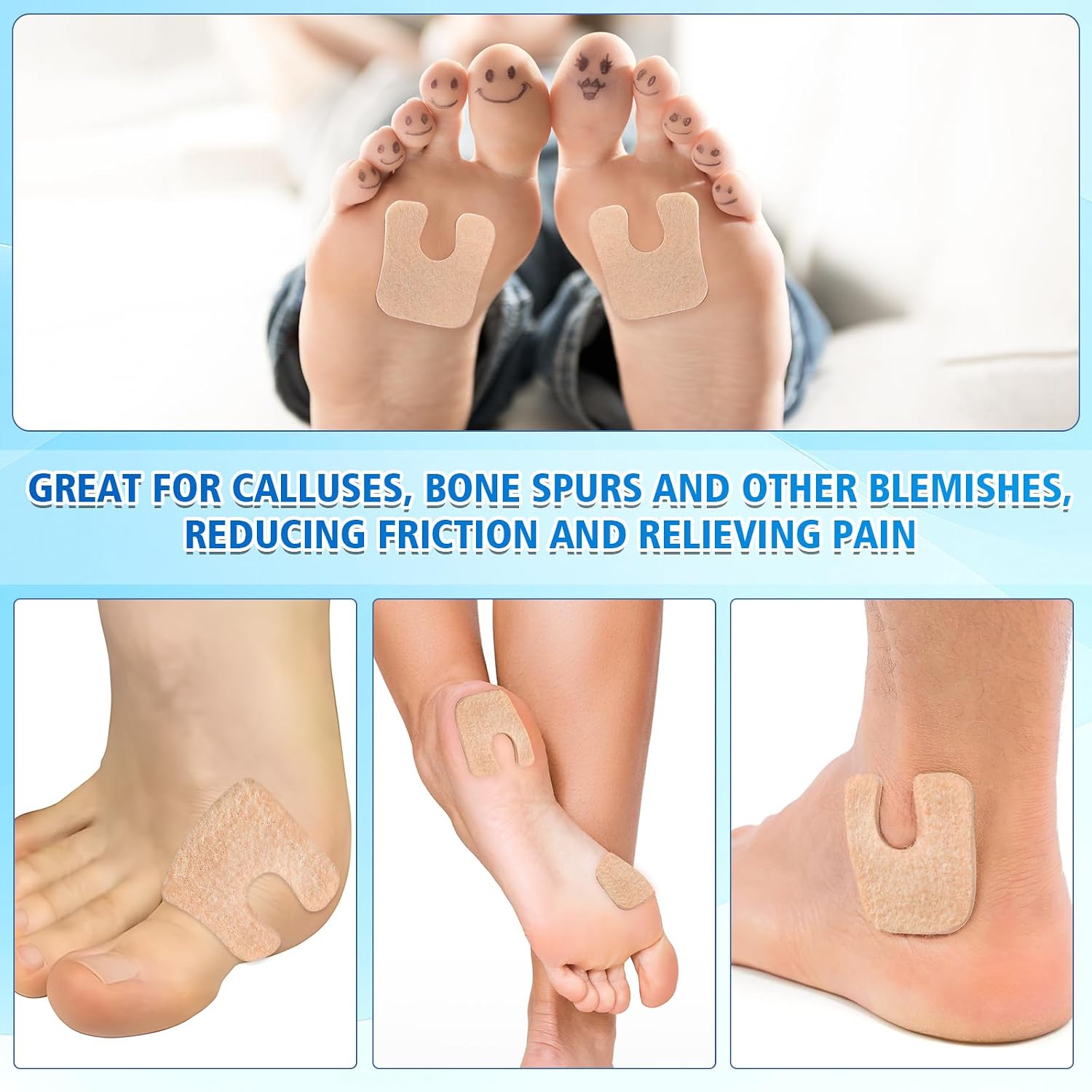 72 Pcs U-Shaped Callus Pads, Self-Adhesive Felt Corn Pads for Feet | Soft felt callus cushions and metatarsal pads for the ball, bottom, heel and toes; helps reduce pressure and shoe friction