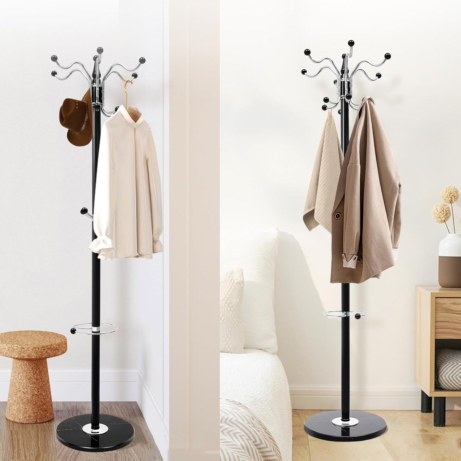 16 Hooks Metal Hat Rack with Natural Marble Base, Heavy Duty Coat Rack Stand, Modern Clothes Rack for Entryway, Living Room, Bedroom