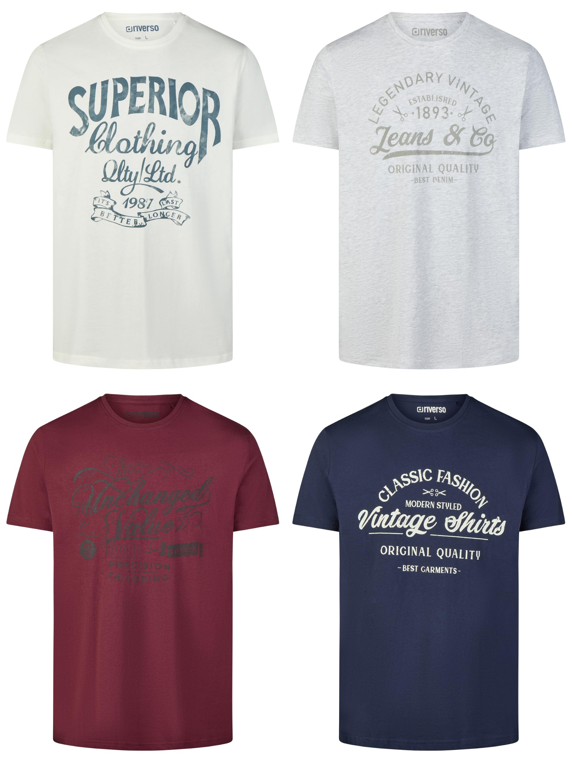 riverso Tshirt Herren Baumwolle Regular Fit RIVLeon 4er Set Pack Rundhals Kurzarm Sommer Tee Shirt Print, Größe:3XL, Farbe:Farbmix 33