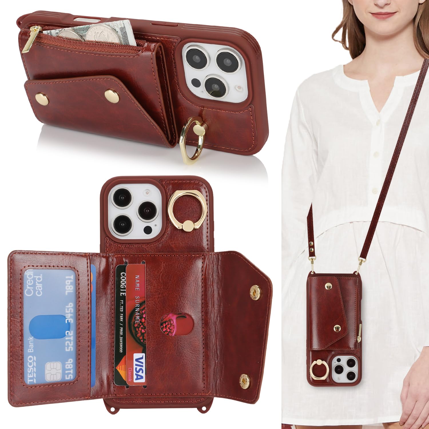 Lipvina for iPhone 16 Pro Max Case with Card Holder and Strap - Zipper Pocket,Crossbody Lanyard Strap,Credit Card Holder,Stand Ring,Cute Phone Wallet