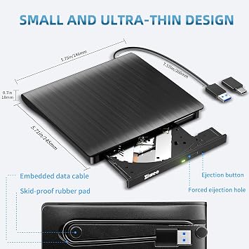 Ziweo External CD DVD Drive, Portable USB 3.0 Type-C CD Burner CD +/-RW Drive DVD Player for ROM Rewriter Burner Compatible with Laptop Desktop PC Windows MacBook Linux Mac OS