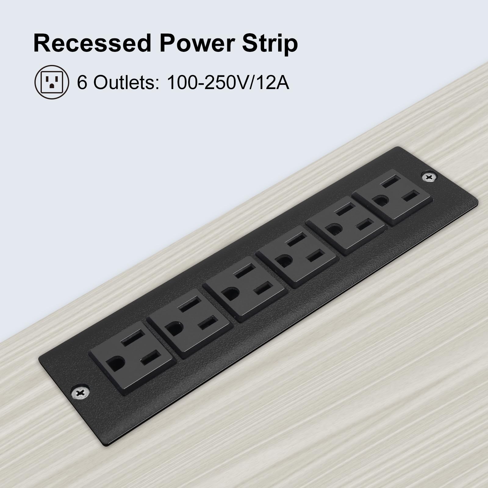 Unterputz-Stromleiste ohne USB, industrielle Werkstatt-Montage und Ladestation mit 6 Steckdosen, Flachsteckdose, 2,5 m, Schwarz