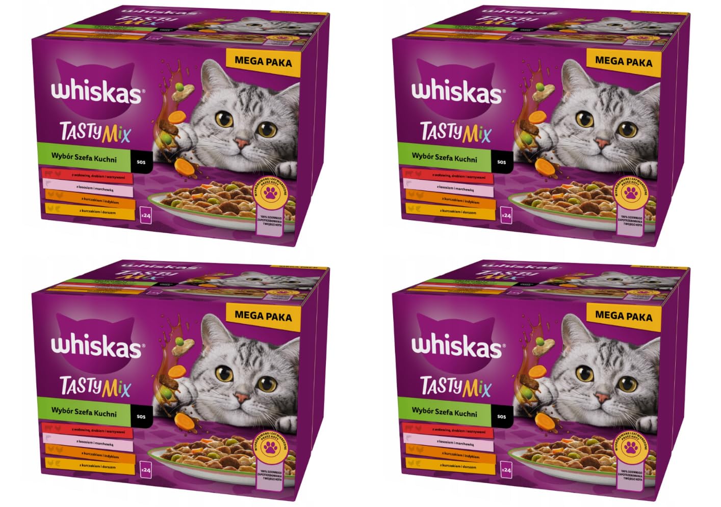 Whiskas Tasty Mix Chef´s Choice karma dla kotów mokra w sosie, 96 porcjowanych woreczków (opakowanie 4 szt.) WHISKAS Saszetka Pyszne kawałki w Sosie w czterech smakach Tasty Mix 24x85g x 4