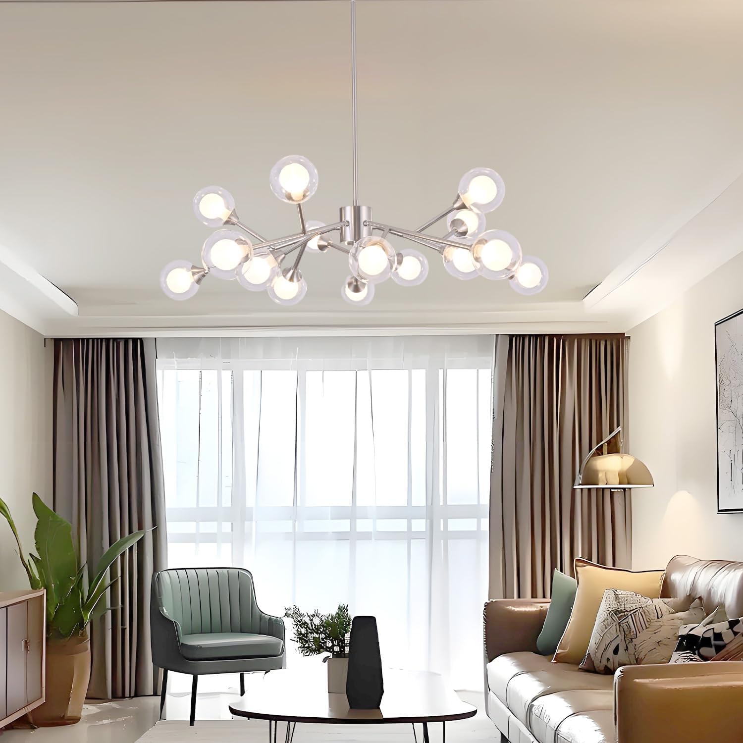 15 Lights Chandeliers Sputnik Modern Brushed Nickel Chandeliers with Bubble Glass Ball Branches Pendant Light Ceiling Light Fixtures for Dining Living Room Bedroom