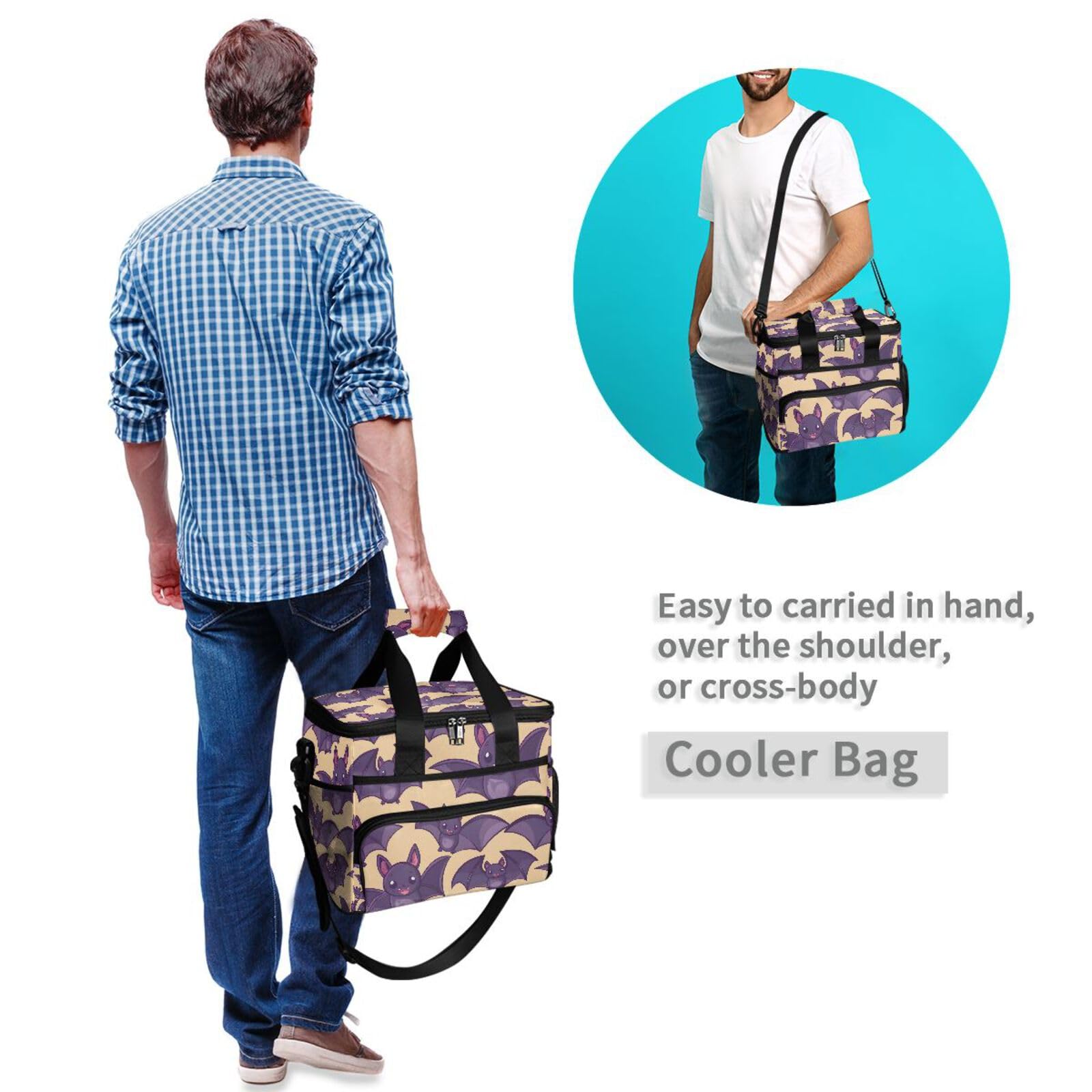 Bolsa térmica grande con diseño de murciélago morado, bolsa térmica grande con aislamiento, bolsa térmica impermeable de 15 litros, 24 latas, para adultos, hombres y mujeres