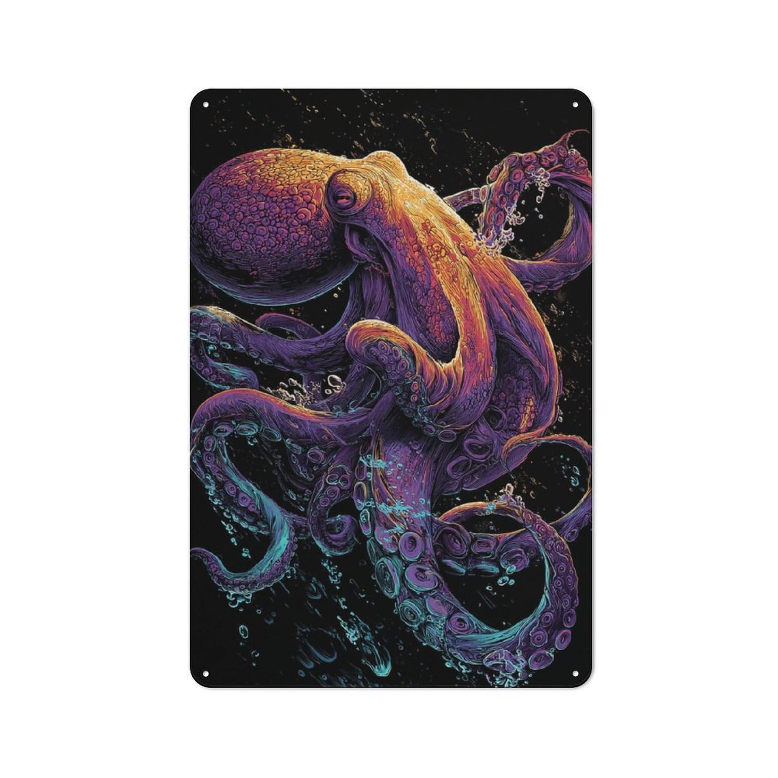 Rustic Vibrant Octopus Art -1 Tin Wall Sign 30x20cm, Kitchen Wall Decor for Bakery, Diner, Cafe Or Family Room