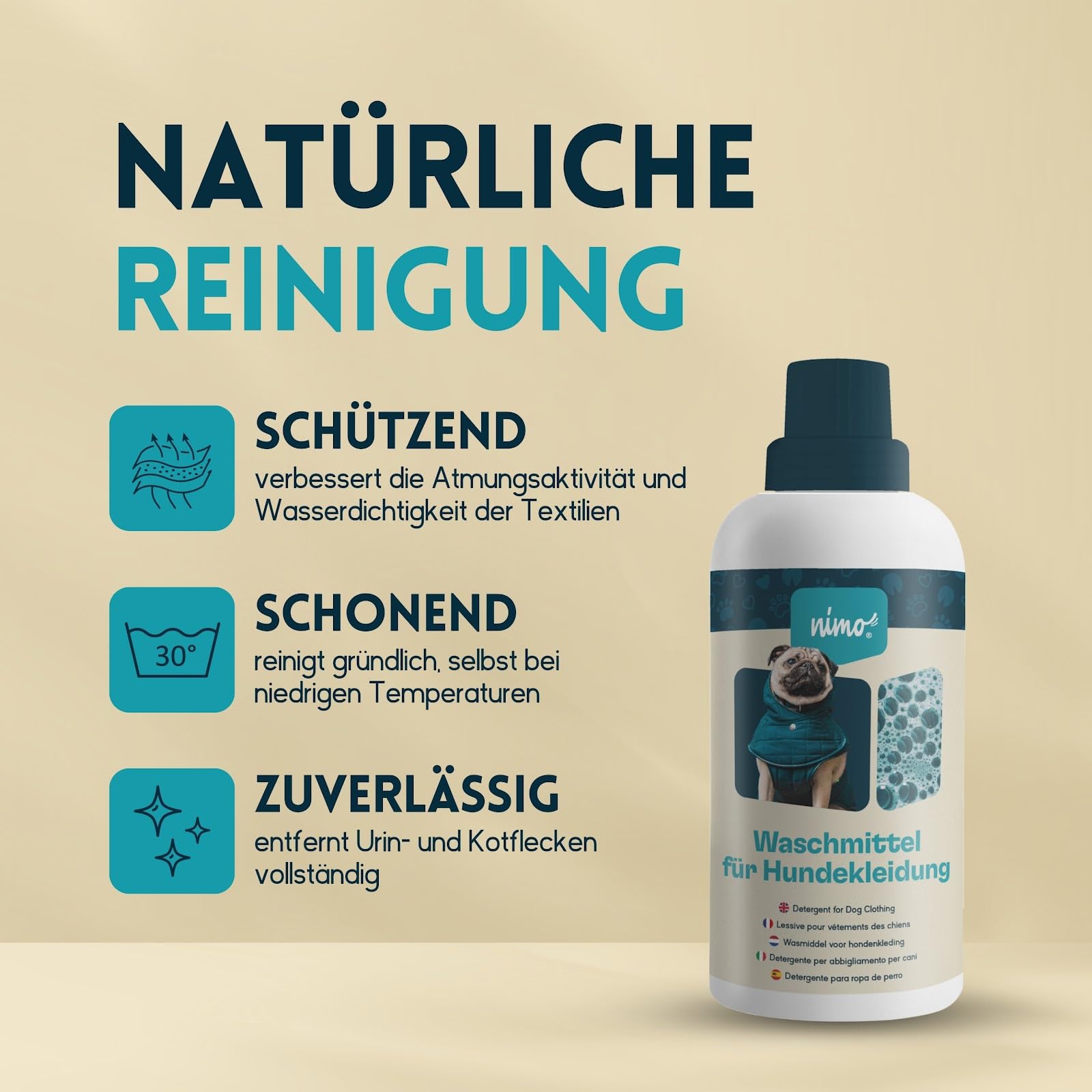 nimo® Waschmittel für Hundebekleidung | ohne Duftstoffe & Farbstoffe | für Hundemäntel & Hundedecken | entfernt Kot- & Urinflecken
