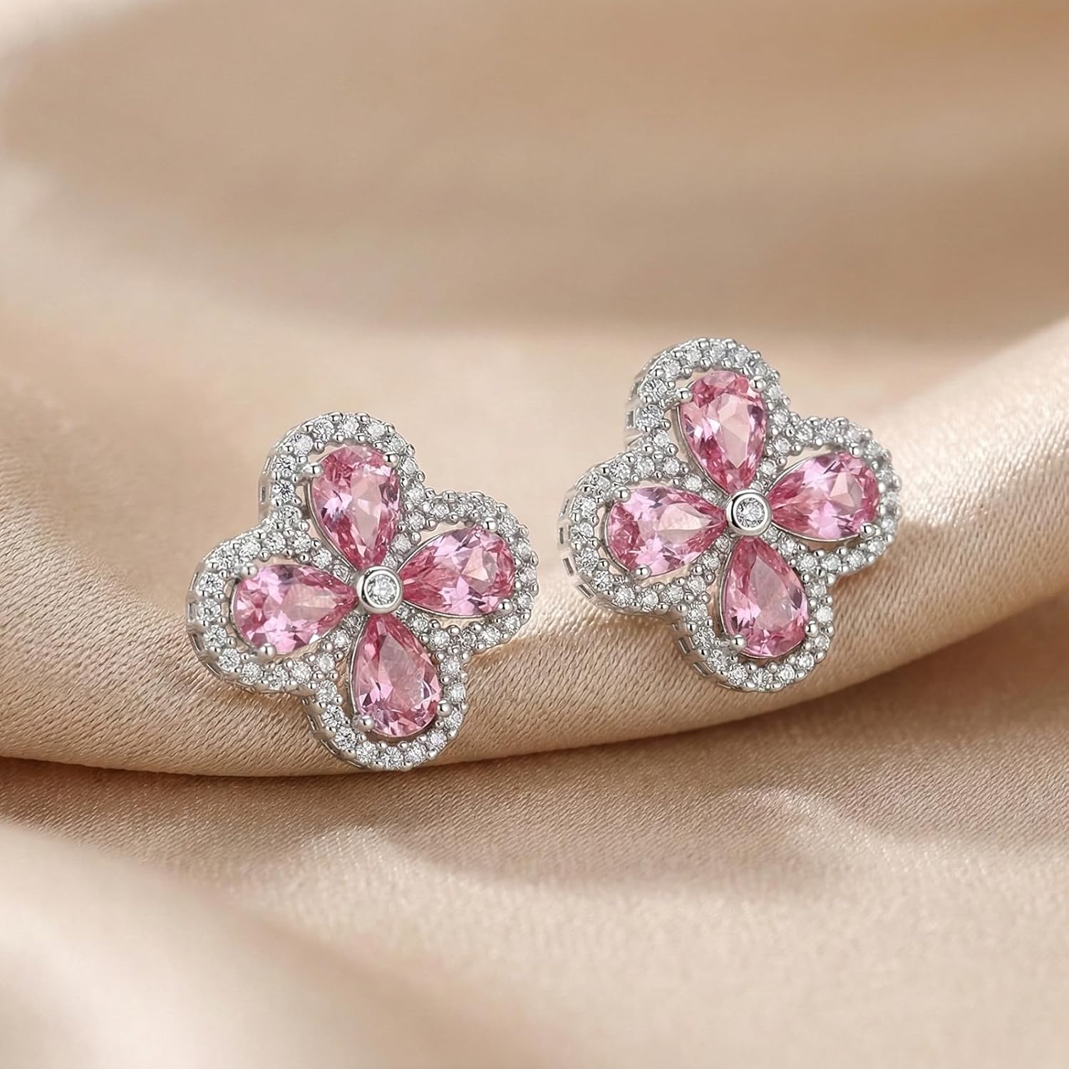 18K Gold Plated Stud Earrings for Women Trendy, 925 Sterling Silver Pear Shaped Stone Four Leaf Clover Earrings, Lightweight CZ Hypoallergenic Fashion Accessories Gold Jewelry Gifts for Women