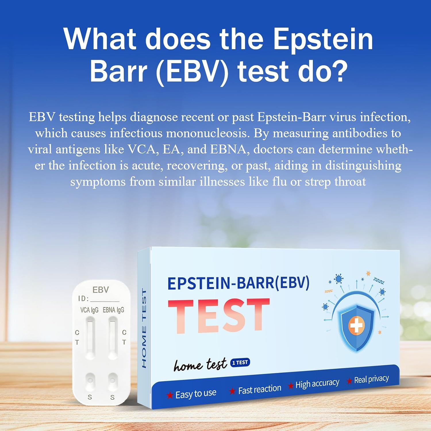 Epstein Barr (EBV) Test at-Home Testing，Highly Accurate, Easy to Read and use. Against The Epstein-Barr Virus’s VCA and EBNA，Quick Results Within 15 Minutes.2 Tests