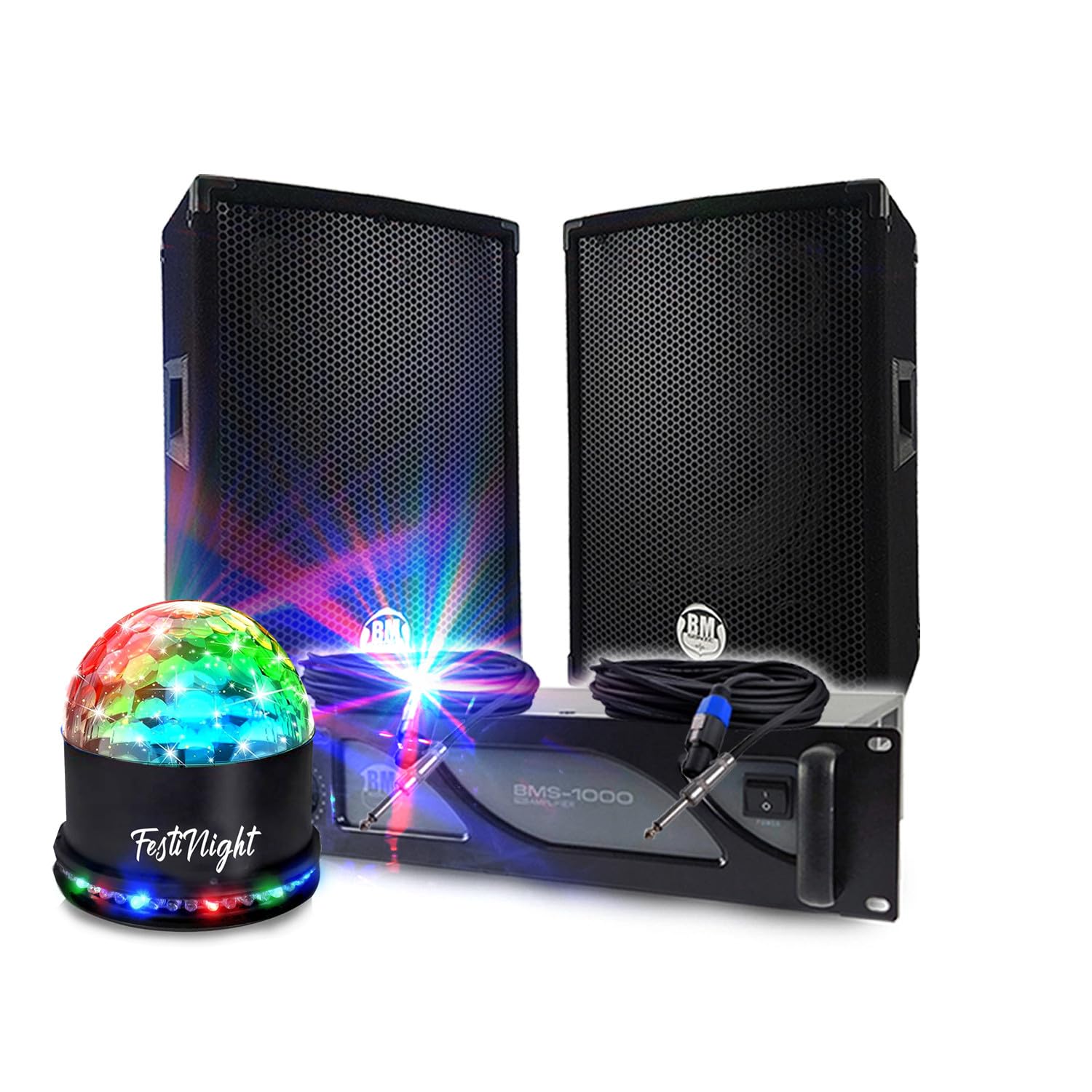 Pack Sono DJ Animations BM Bmsonic Amplificateur 1000W, Paire d'Enceintes Passives BMS08 2x300W, Câbles, Sonorisation Pro
