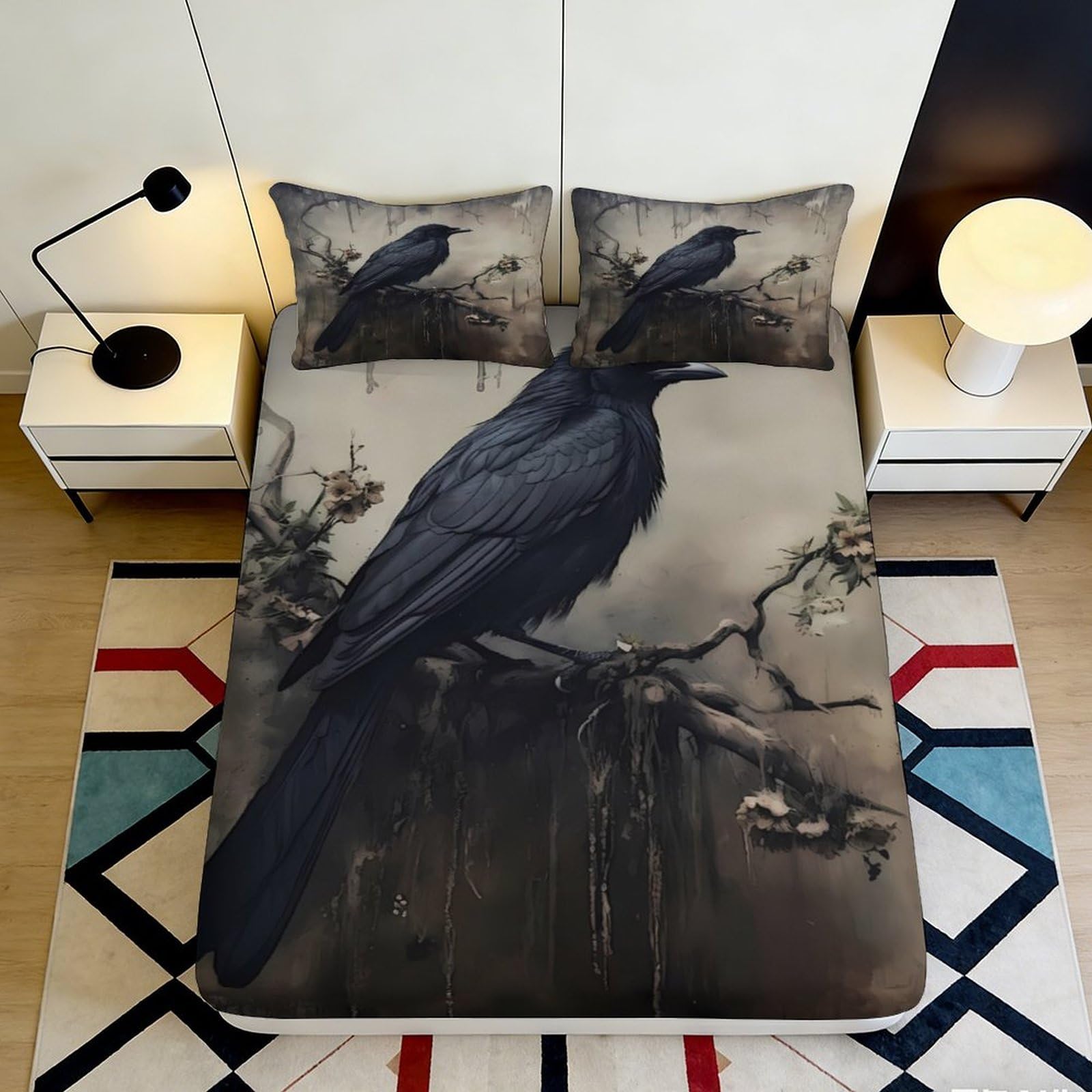 3D Printed Raven Black Fitted Sheet Microfiber Soft Breathable Crow Mattress Cover for Bedroom Dormitory Guest Room Mattress Protection Decor 200x200x25cm