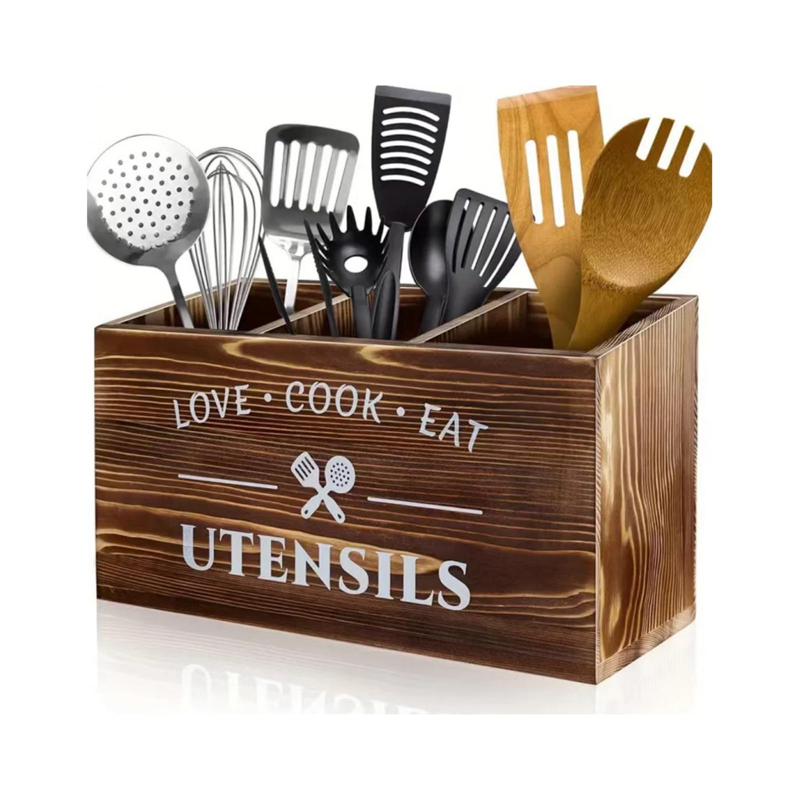 Kaeltsyn Rustics Wooden Utensils Holder with Compartments for Organizing Over 40 Kitchen Tool and Accessories Permanent Wooden Cookware