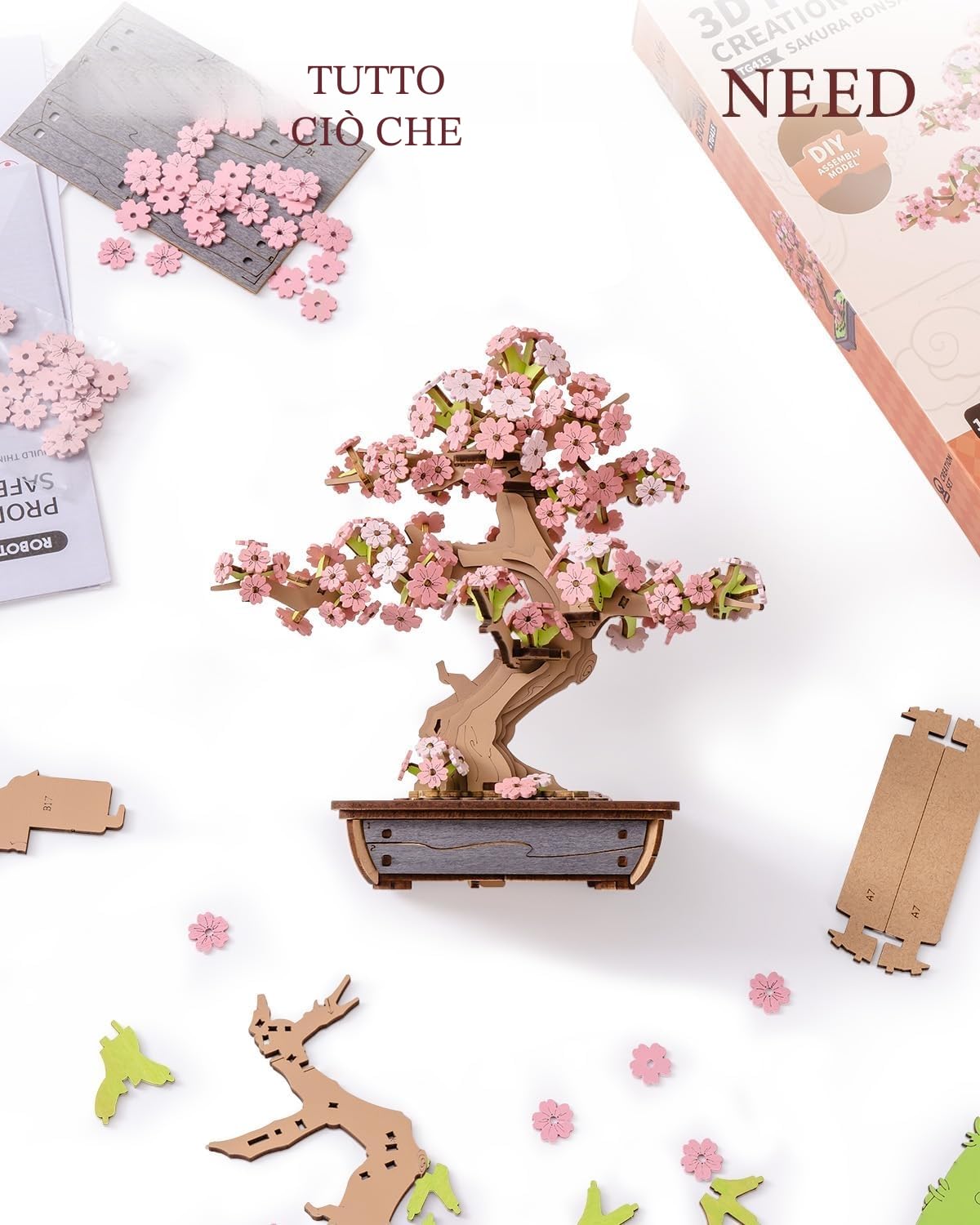 ROWOOD 3D Puzzle in legno Bonsai, kit modello pino fai da te per adulti da costruire, crea il tuo kit di costruzione in legno, decorazione unica per la casa (Sakura Bonsai)
